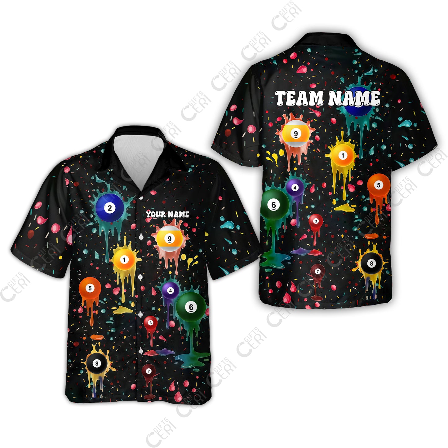 Customized 9 Ball Pool Hawaiian Shirt, Billiards 9-Ball Colorful Paint-Splash, Billiards Jerseys