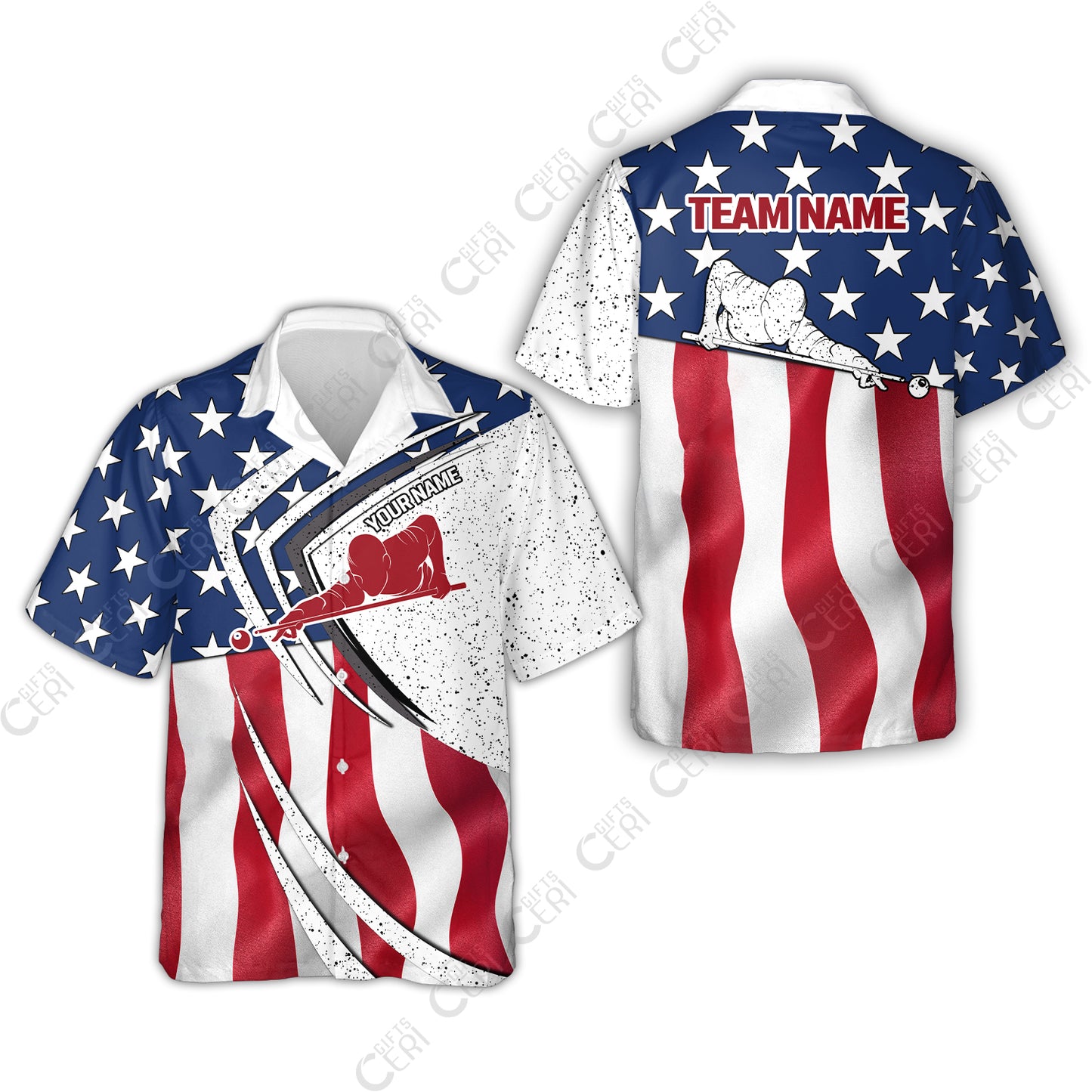 Customized Billiards Hawaiian Shirt, Billiards Player Silhouette With American Flag, Billiards Jerseys