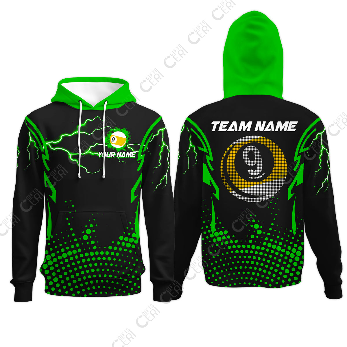 Customized Billiards Hoodies, Lightning Graphics With Dots 9 Ball Pool Jersey
