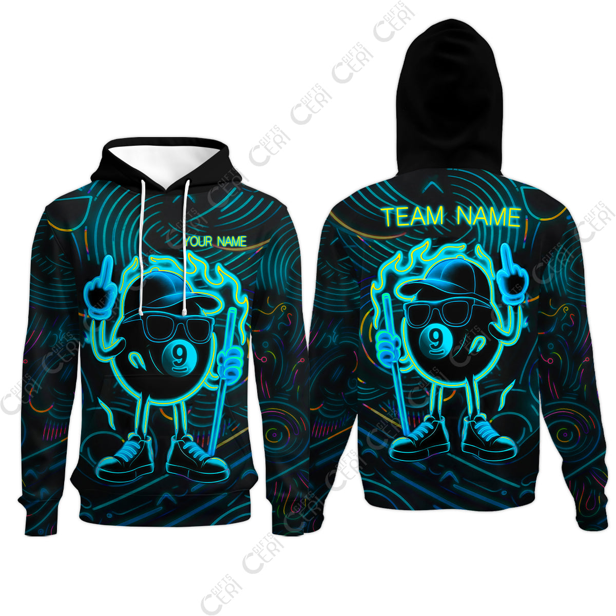 Customized 9 Ball Pool Hoodies, 9-Ball Billiard Neon Cartoon Flaming, Billiard Jerseys