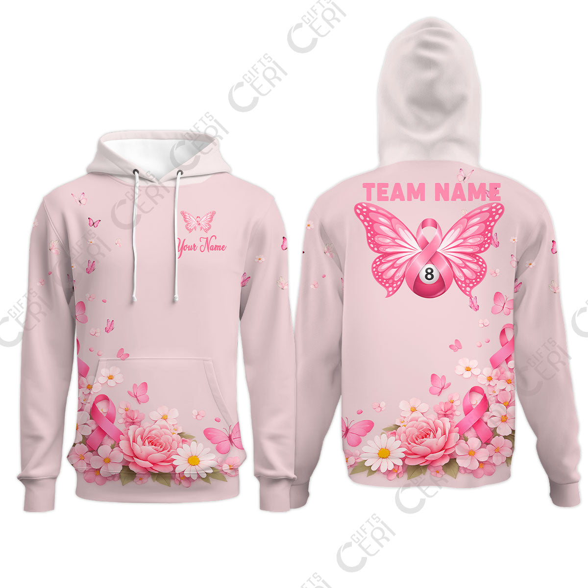 Customized 8 Ball Pool Hoodies, Floral Butterfly Billiards 8-Ball, Personalized Billiards Jersey