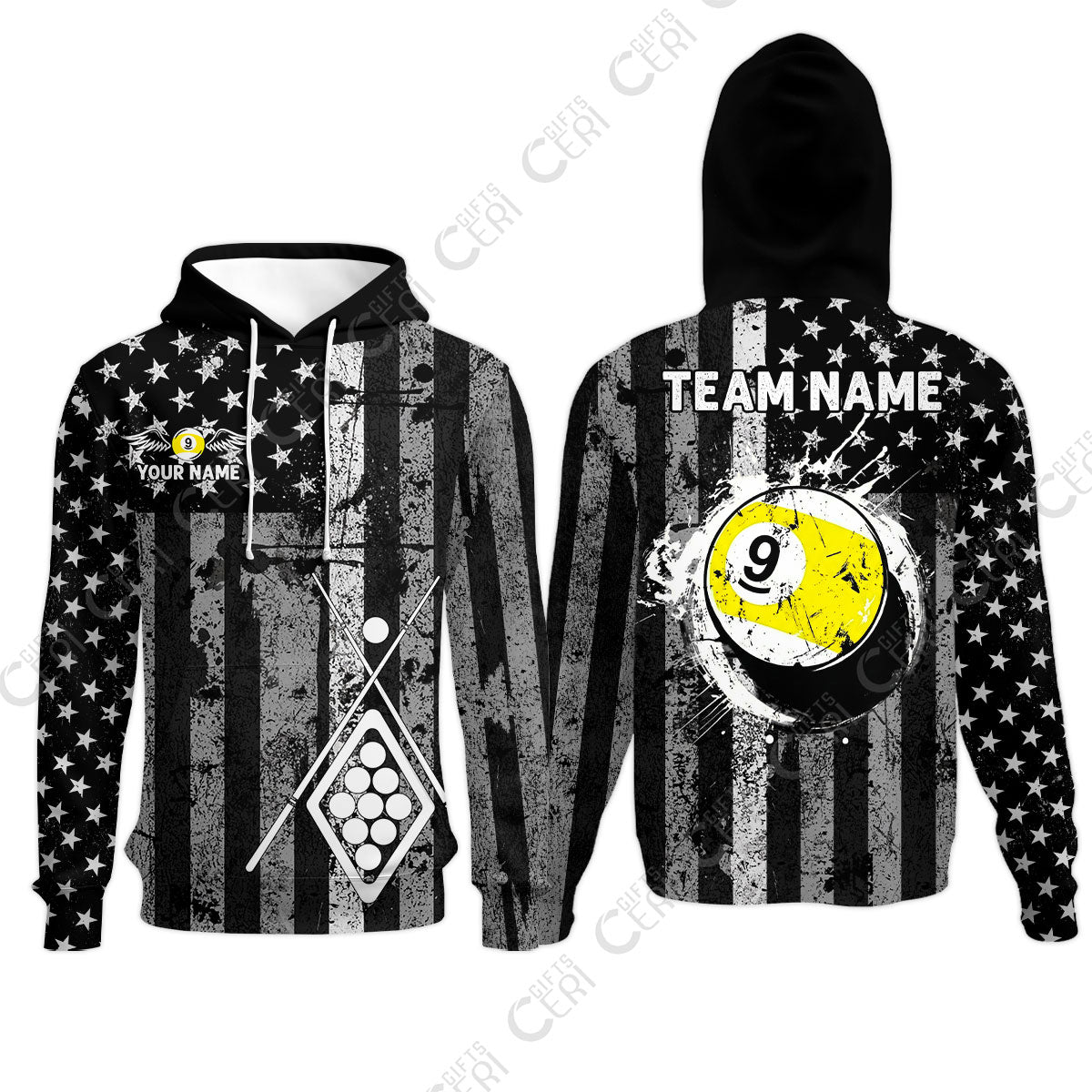 Customized 9 Ball Pool Hoodies, Distressed American Flag Pattern, Billiards Jerseys