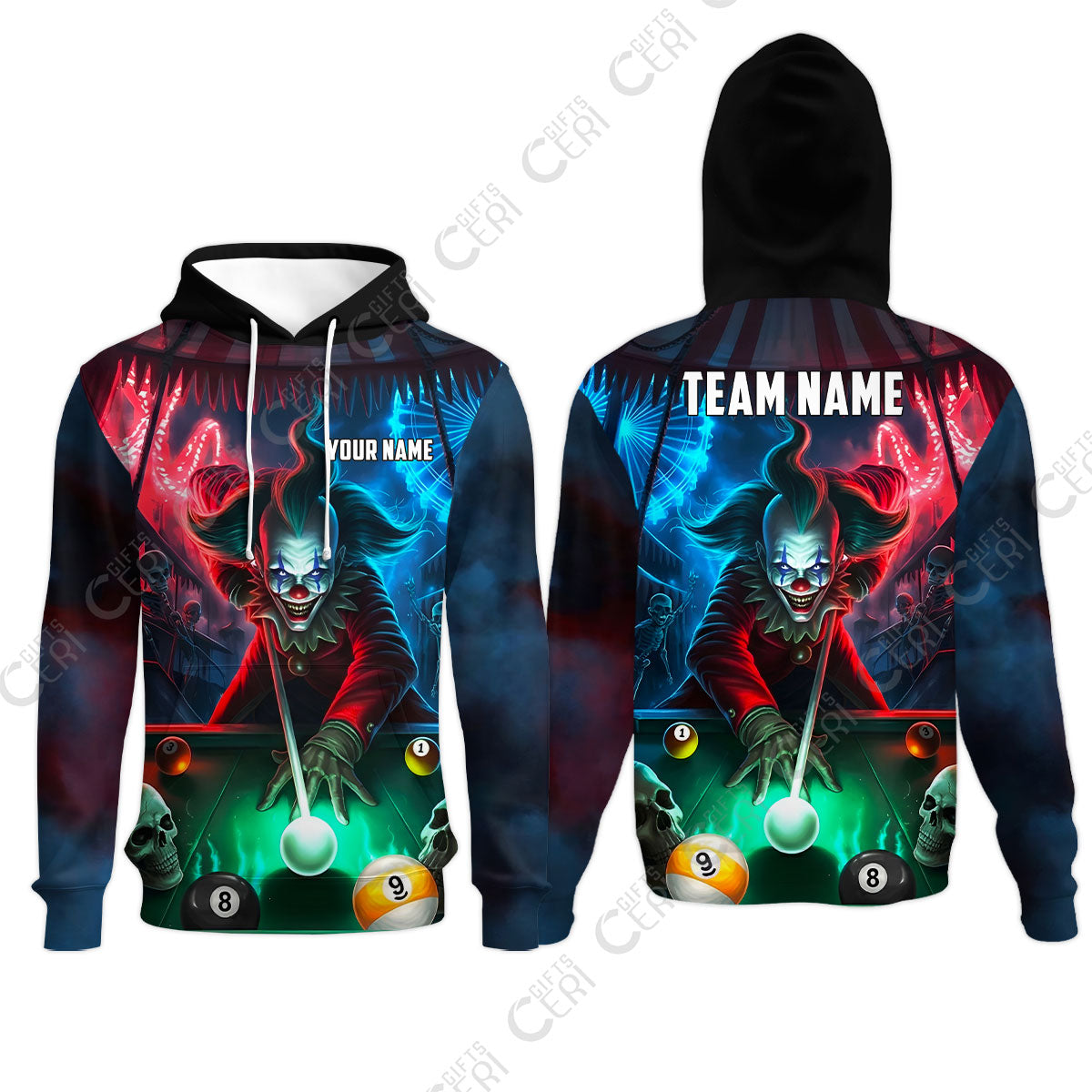 Customized Billiards Hoodies, 8 & 9 Ball Pool Nightmare Billiards Clown Jersey, Billiards Jerseys