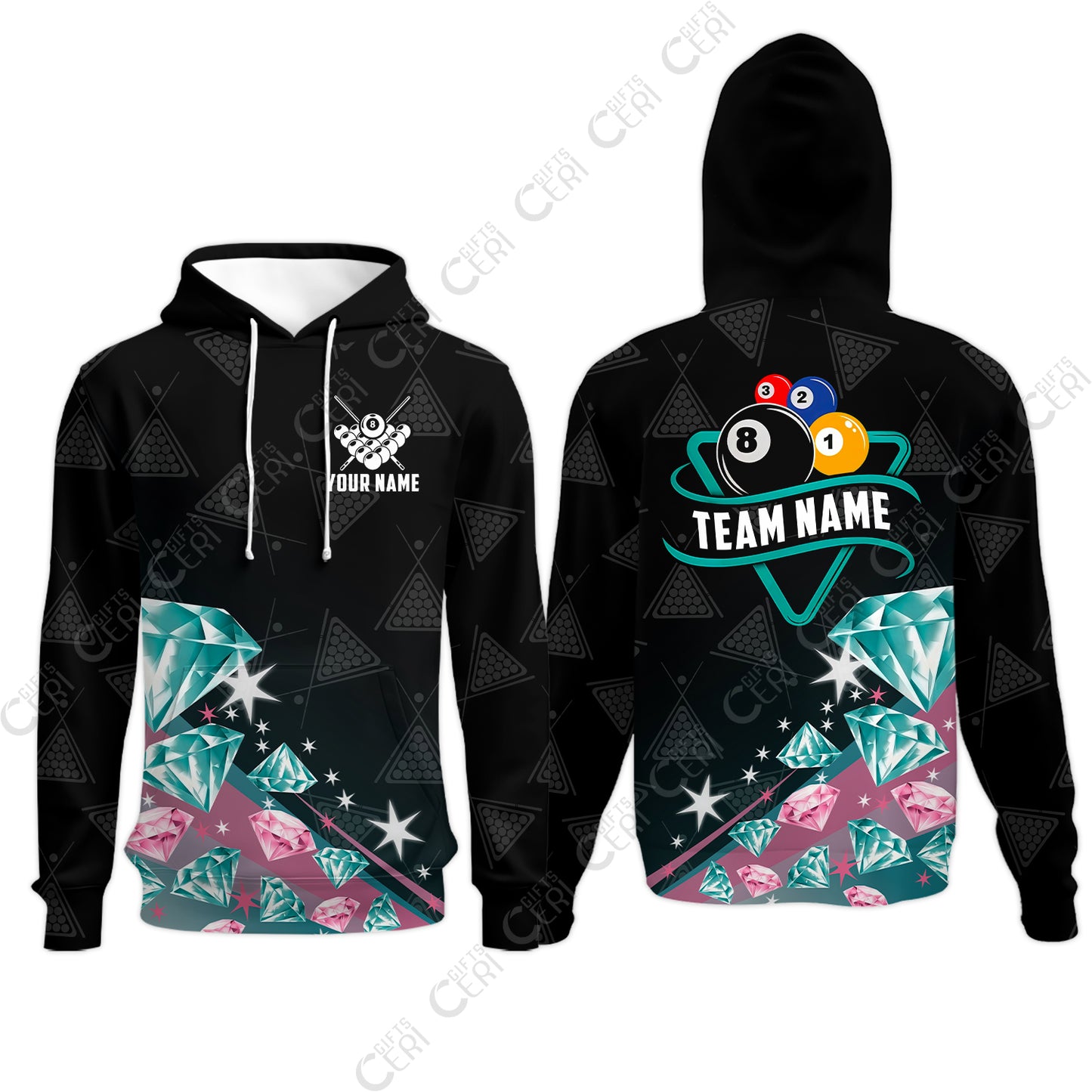 Customized 8 Ball Pool Hoodies, Diamonds Billiard 8-Ball, Personalized Billiards Jersey