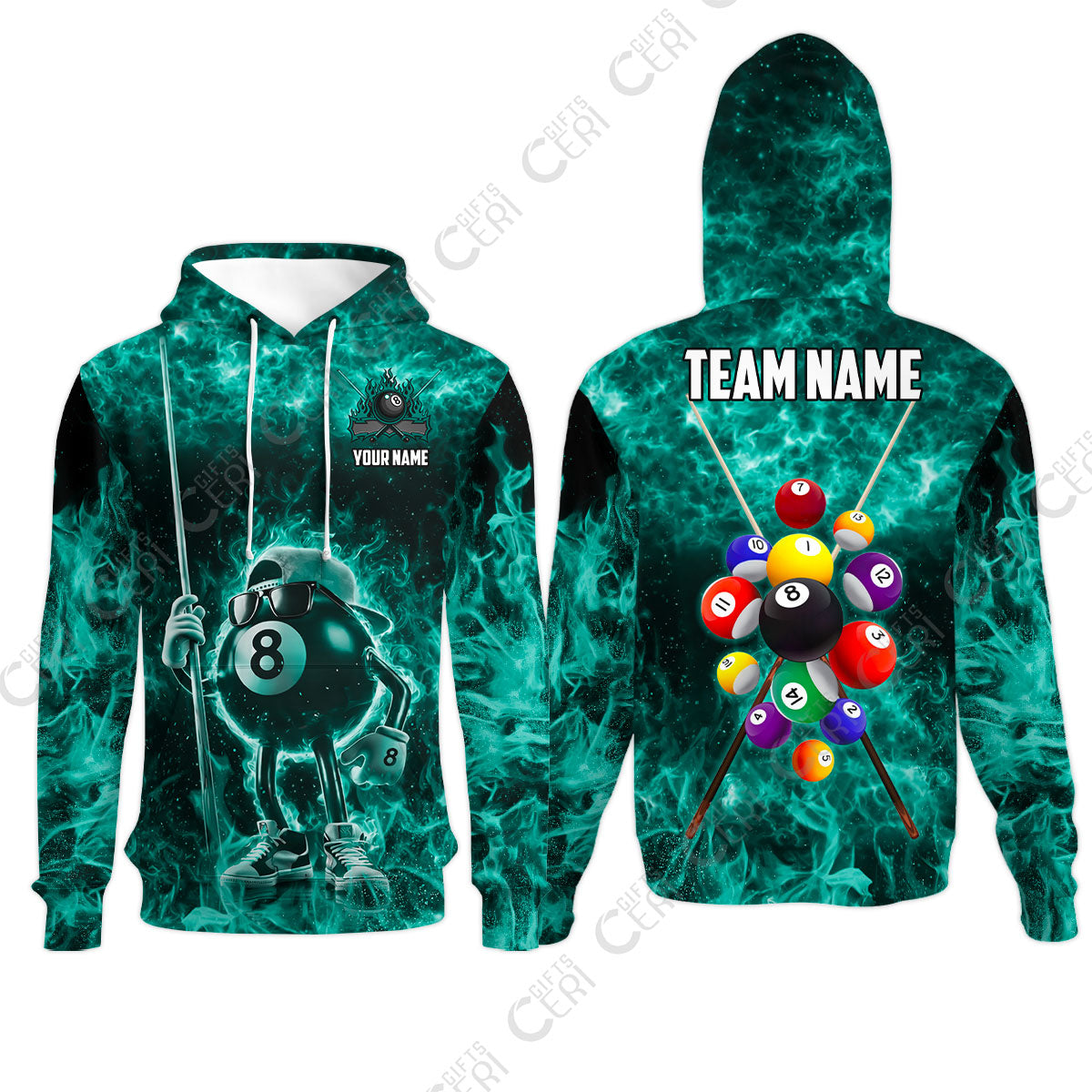 Customized 8 Ball Pool Hoodies, 8-Ball Wearing Cap And Sunglasses Flaming Burn, Billiard Jerseys