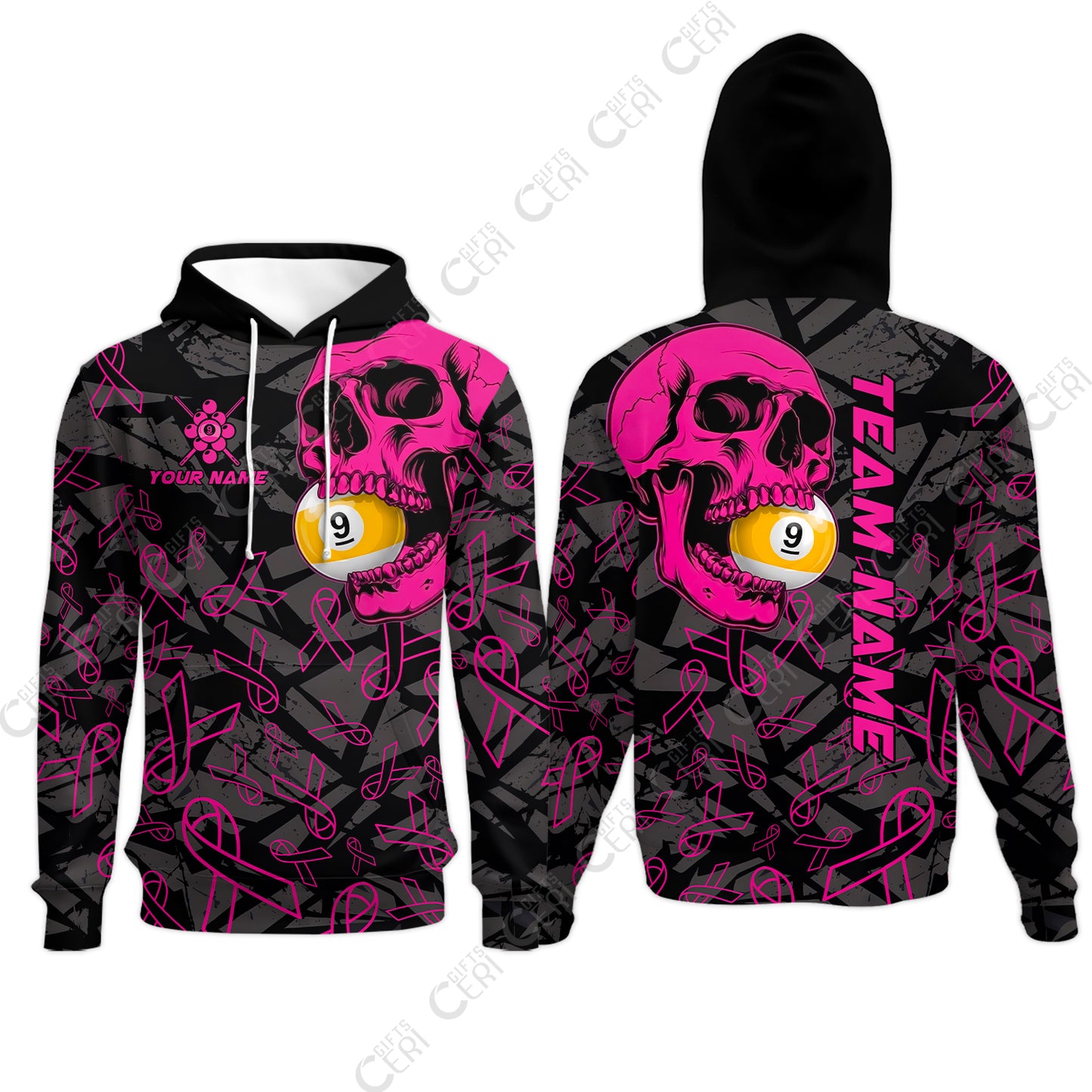 Customized 9 Ball Pool Hoodies, Billiard Pink Skull 9-Ball, Personalized Billiards Jersey