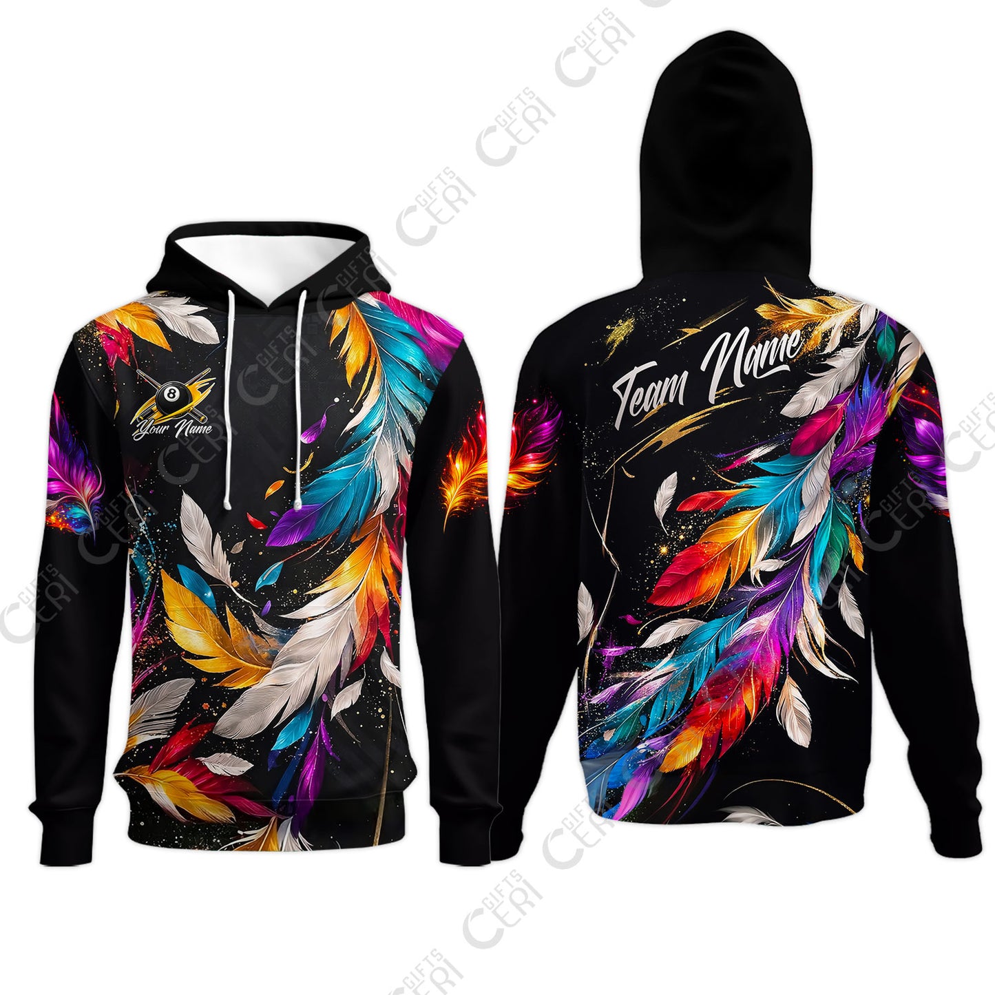 Customized 8 Ball Pool Hoodies, Feather Splash Billiard 8-Ball, Personalized Billiards Jersey