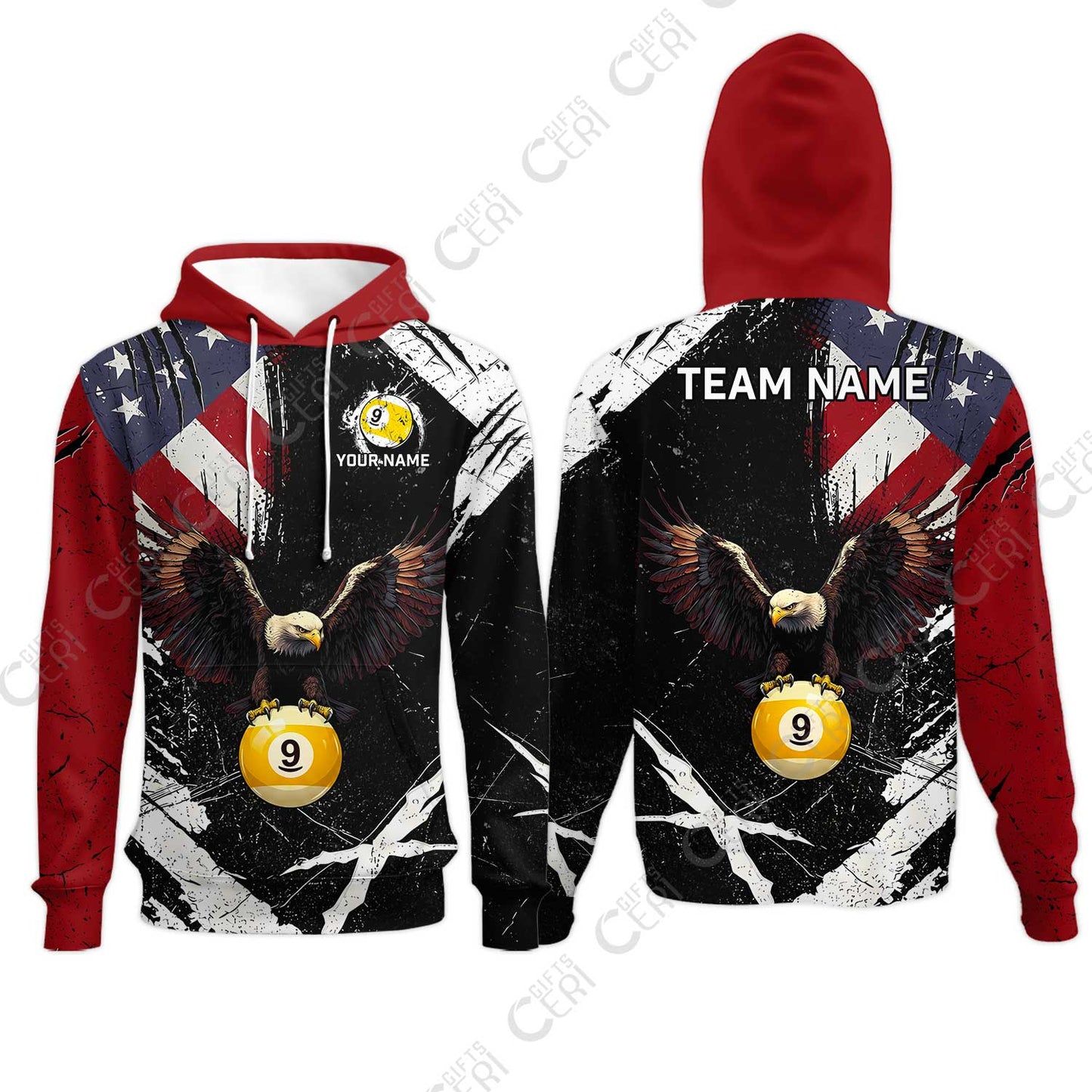 Customized 9 Ball Pool Hoodies, Eagle Billiard American Flag 9-ball, Personalized Billiards Jersey