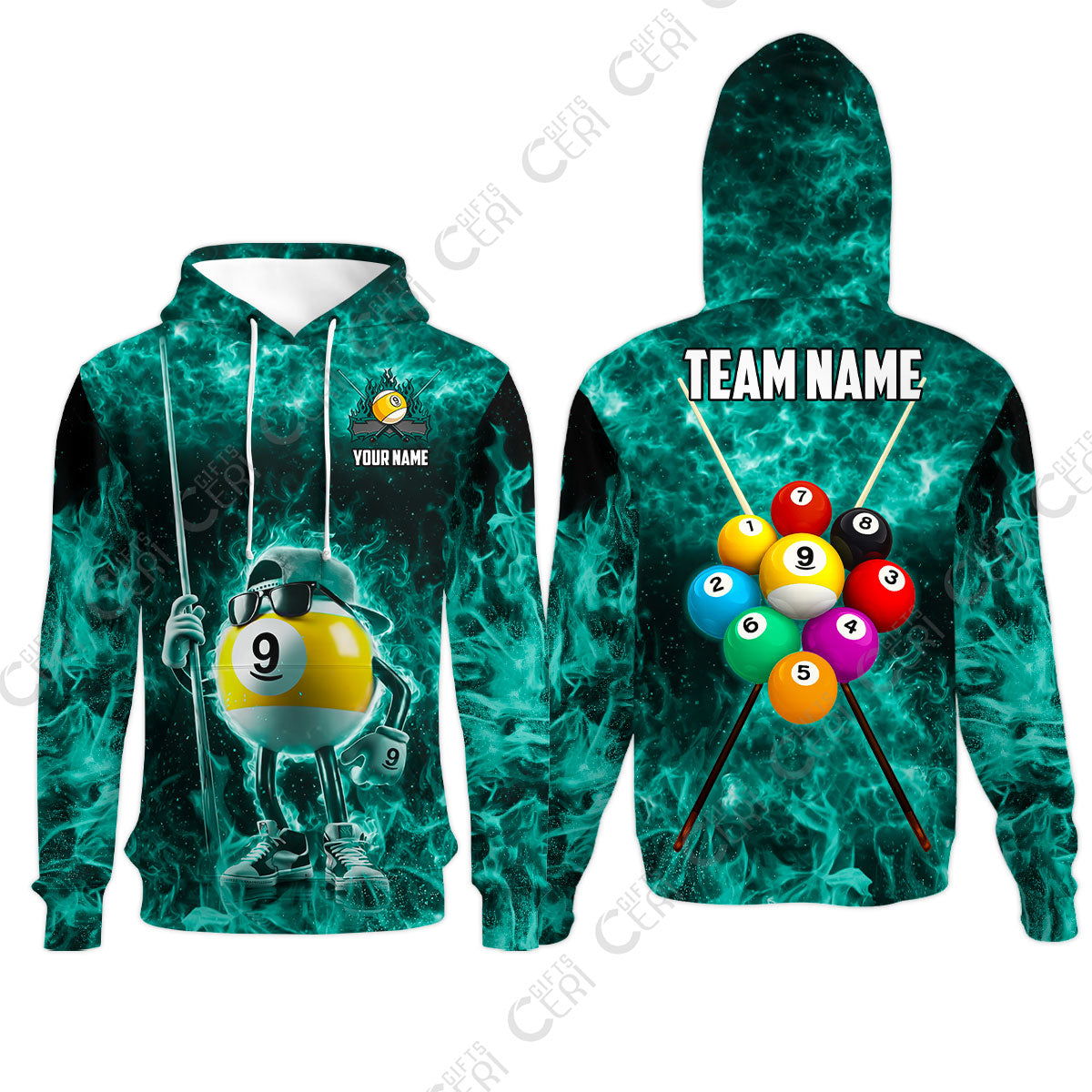 Customized 9 Ball Pool Hoodies, 9-Ball Wearing Cap And Sunglasses Flaming Burn, Billiard Jerseys