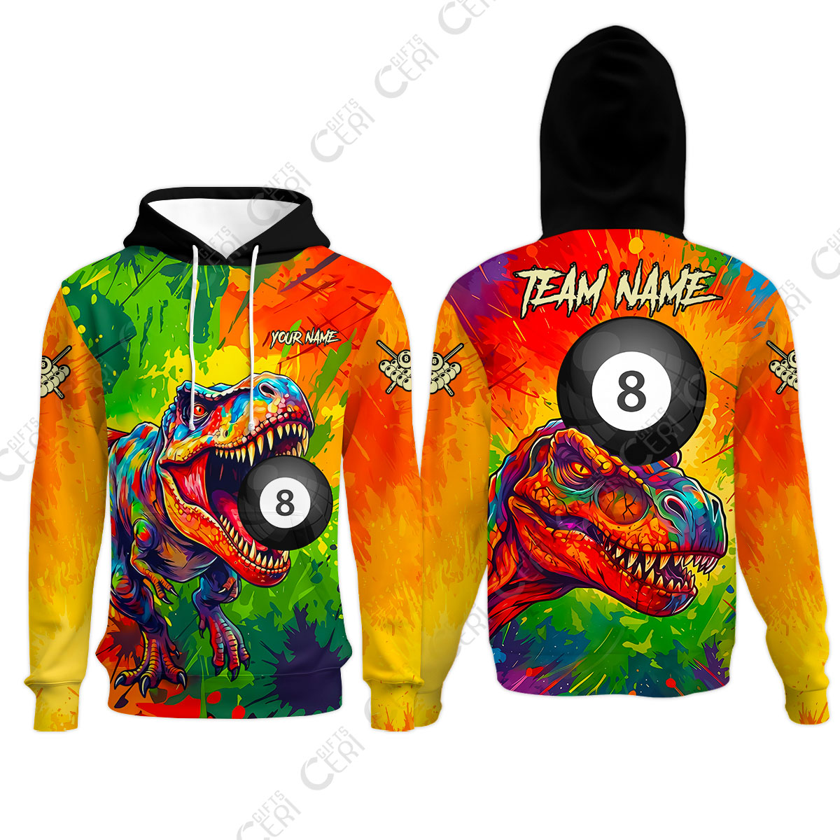 Customized 8 Ball Pool Hoodies, Dinosaur Colorful Splash Paint Billiard 8-Ball, Personalized Billiards Jersey