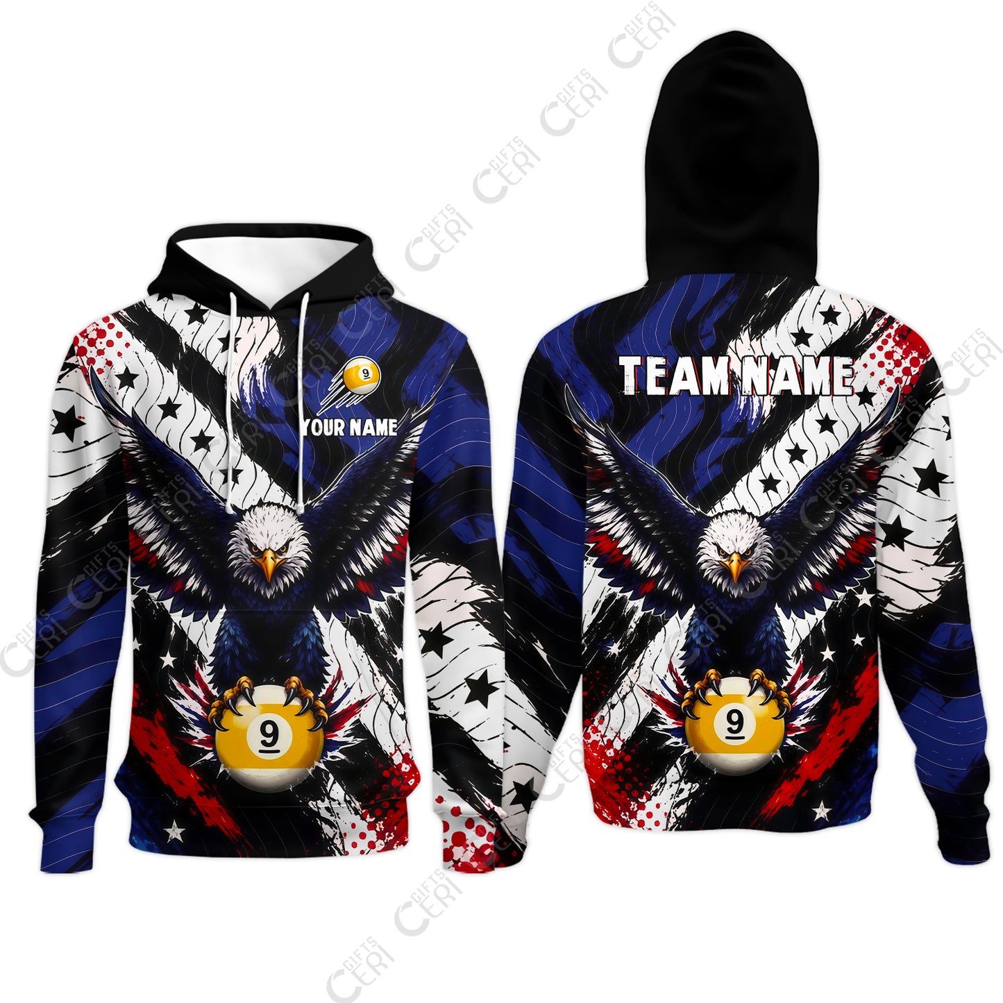 Customized 9 Ball Pool Hoodies, Eagle Holding Ball American Flag 9-ball, Personalized Billiards Jersey