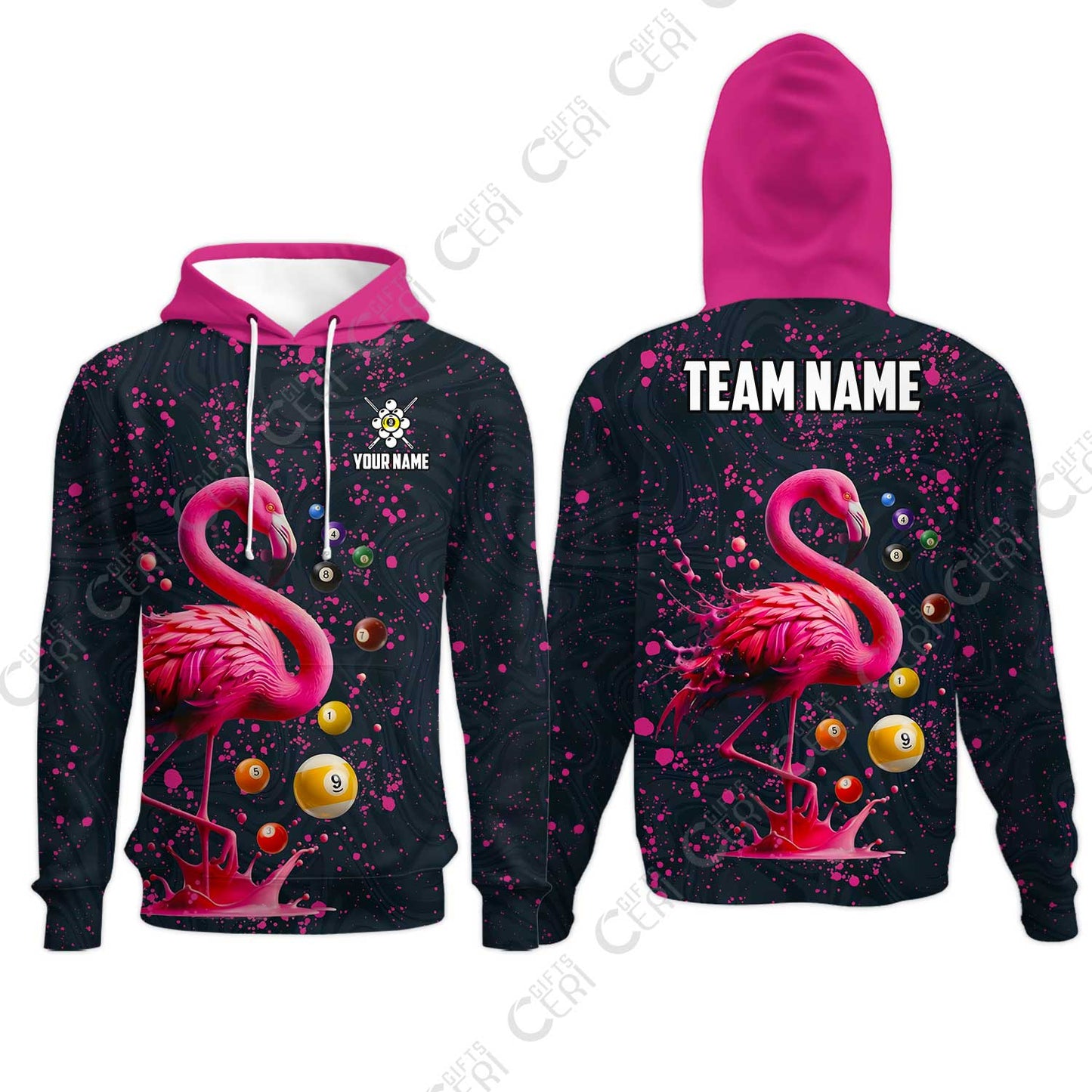 Customized 9 Ball Pool Hoodies, Flamingo Pink Splat Billiard 9-Ball, Billiards Jersey