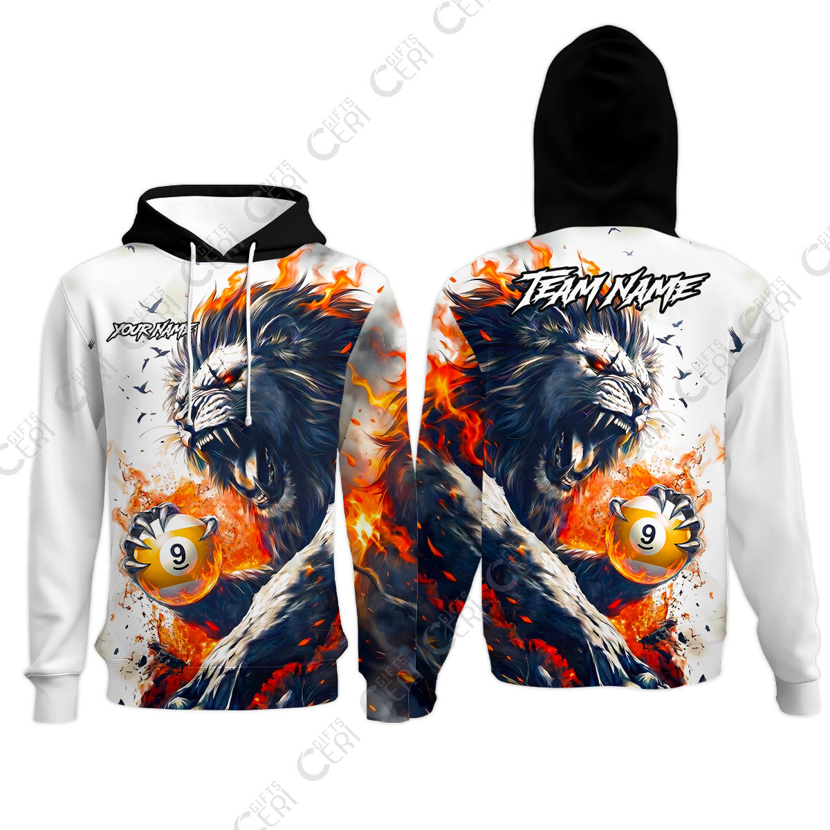Customized 9 Ball Pool Hoodies, Lion Fire Lava 9-Ball, Personalized Billiards Jersey
