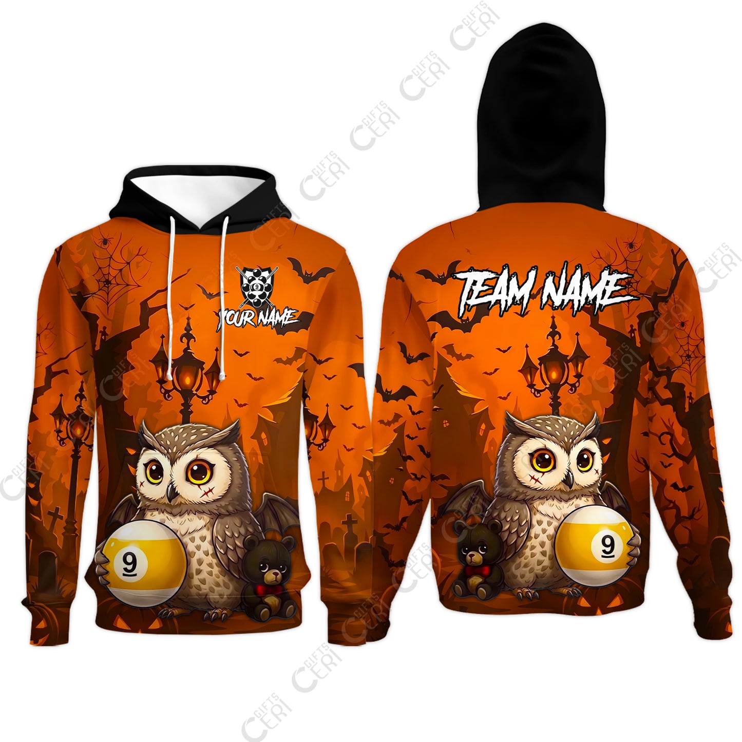 Customized 9 Ball Pool Hoodies, Halloween Owl Holding 9-Ball, Personalized Billiards Jersey
