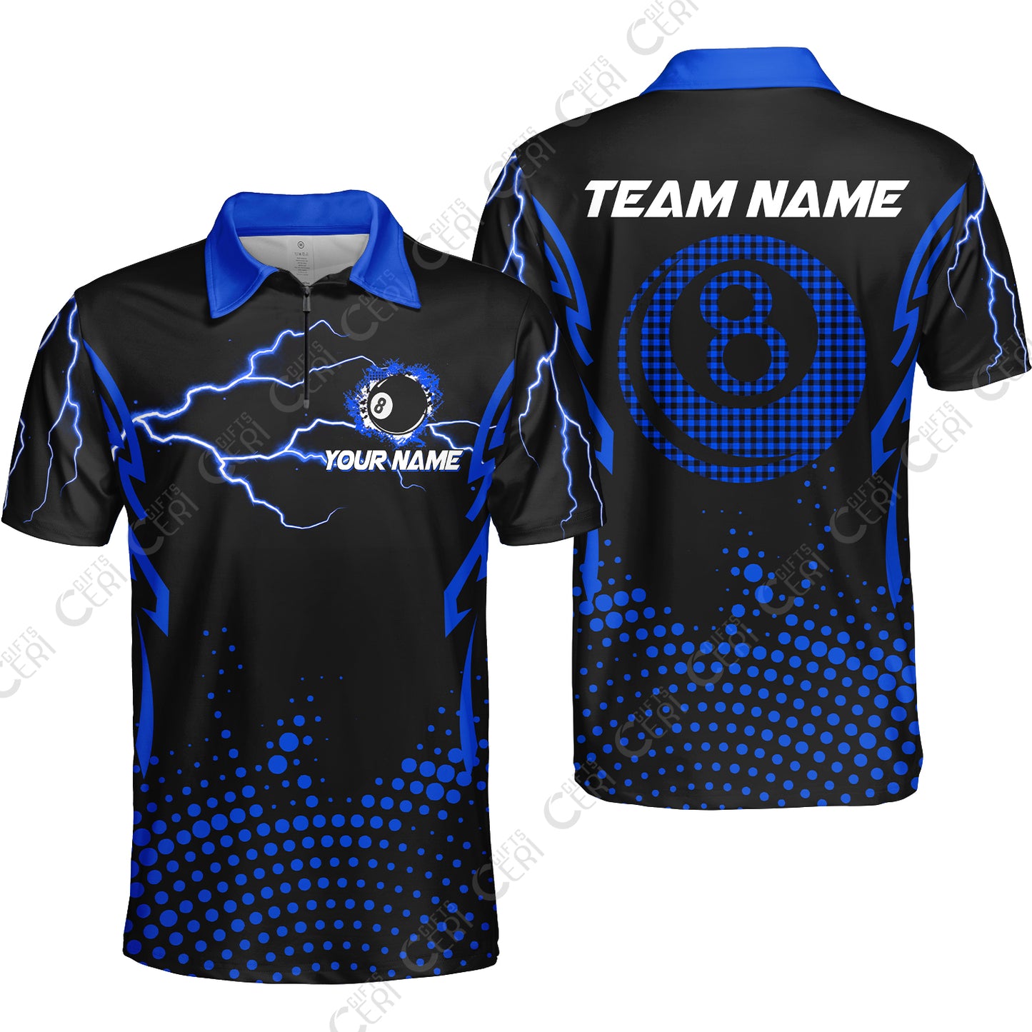 Customized Billiards Quarter-Zip Polo Shirt, Lightning Graphics With Dots 8 Ball Pool Jersey