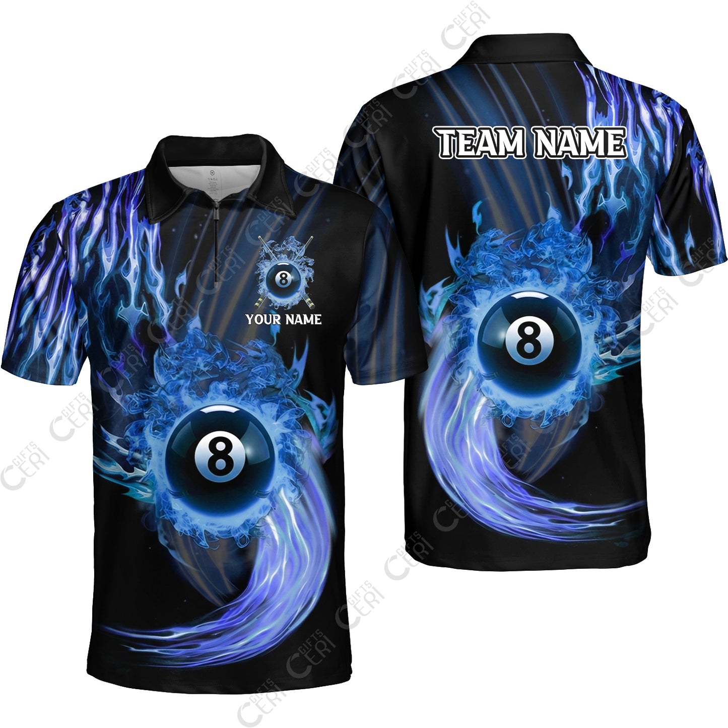 Customized 8 Ball Pool Quarter-Zip Polo Shirt, 8-Ball Swirling Fire And Glowing Smoke, Billiards Jerseys