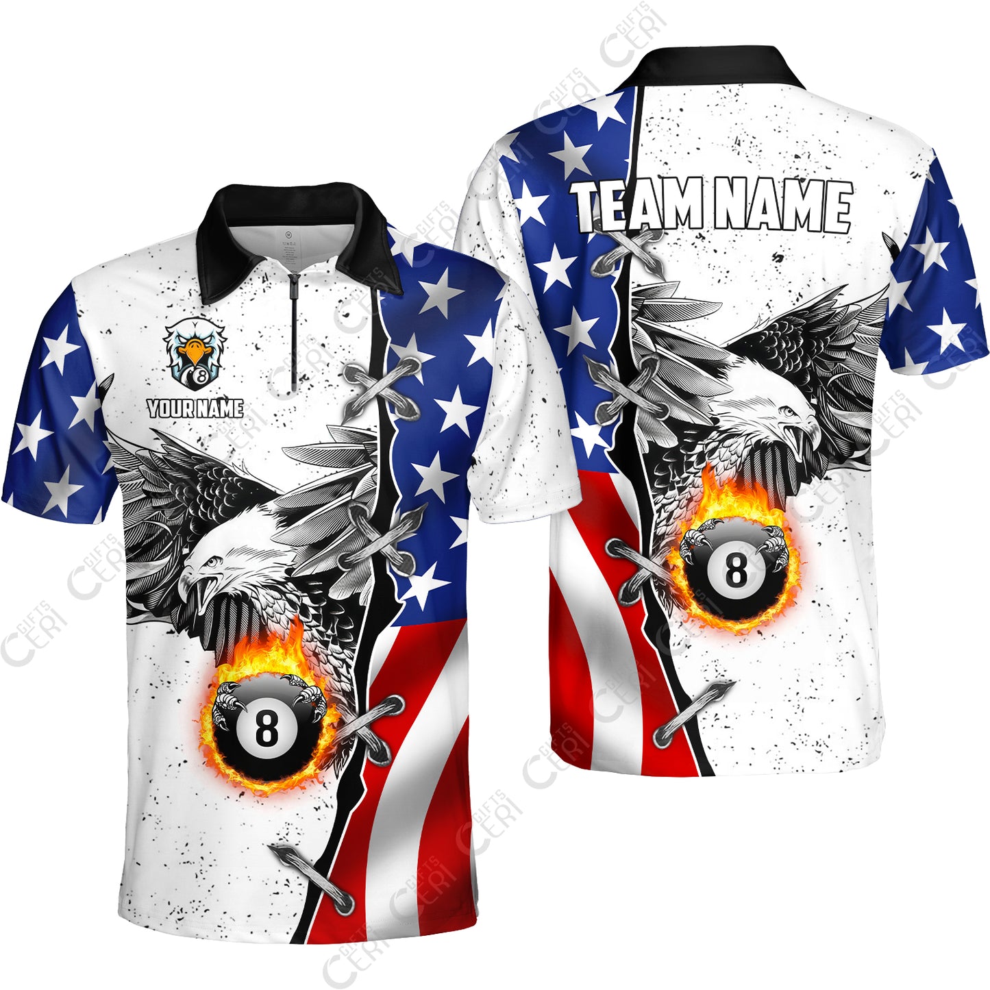 Customized Billiards Quarter-Zip Polo Shirt, US Flag White Eagle Flame Pin Dust Pattern Personalized Billiard 8 Ball Jersey