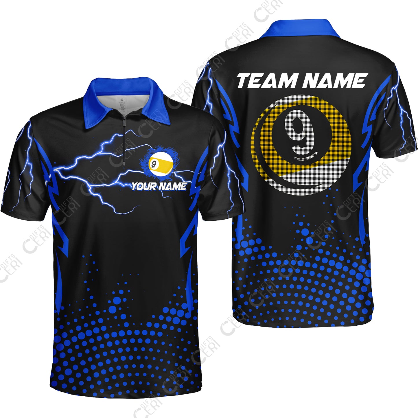 Customized Billiards Quarter-Zip Polo Shirt, Lightning Graphics With Dots 9 Ball Pool Jersey