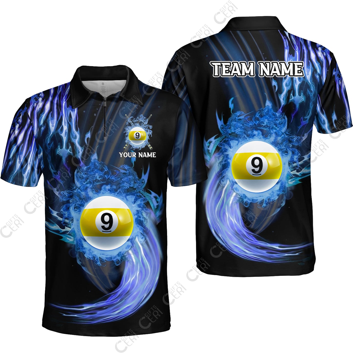 Customized 9 Ball Pool Quarter-Zip Polo Shirt, 9-Ball Swirling Fire And Glowing Smoke, Billiards Jerseys