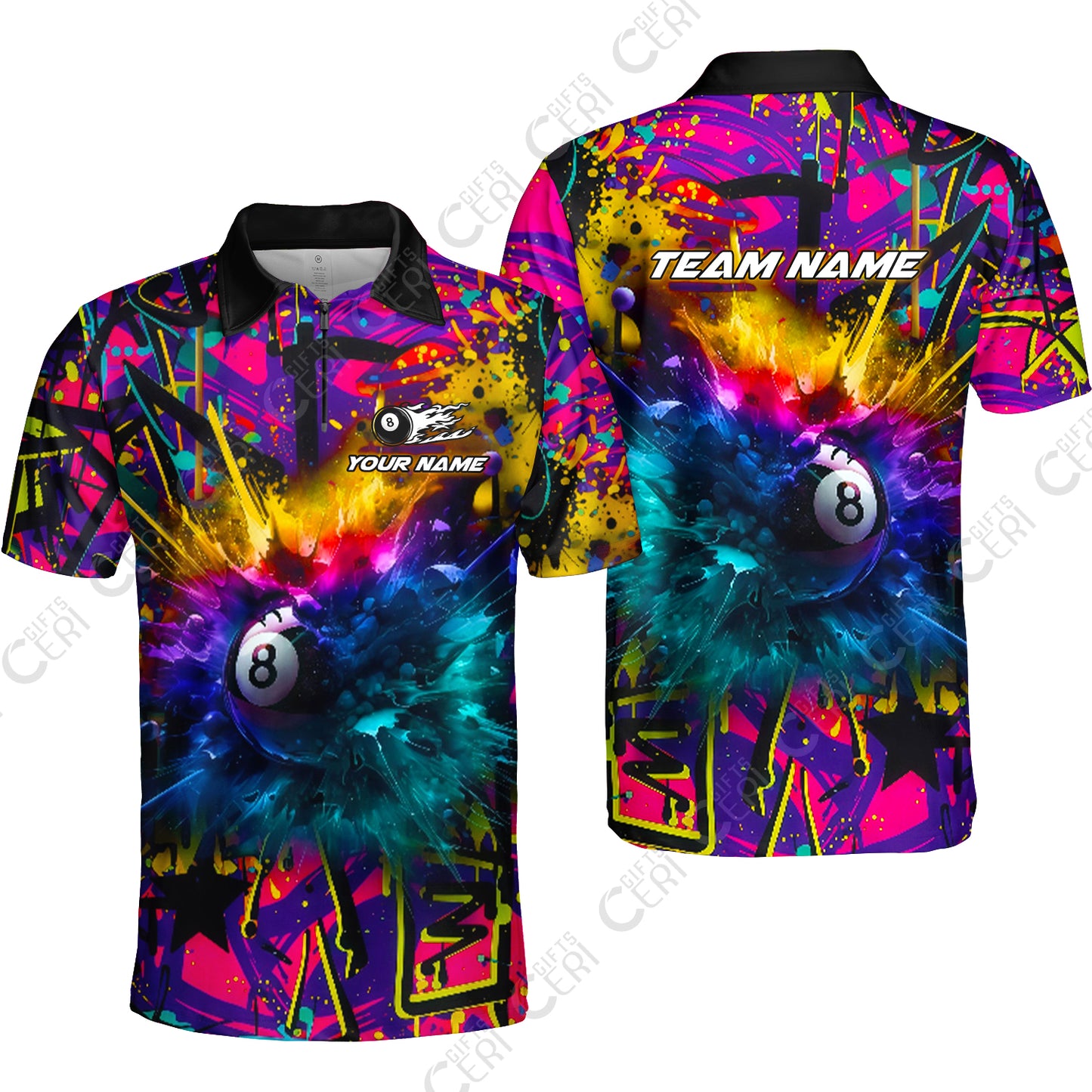 Customized Billiards Quarter-Zip Polo Shirt, Personalized Neon Chaos 8 Ball Jersey Gift For Billiard Players