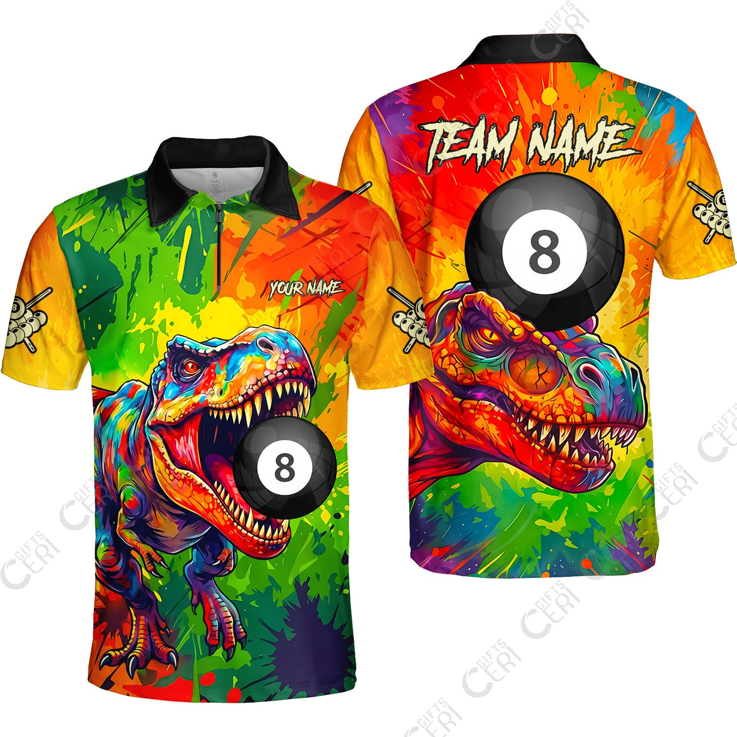 Customized 8 Ball Pool Quarter-Zip Polo Shirt, Dinosaur Colorful Splash Paint Billiard 8-Ball, Personalized Billiards Jersey