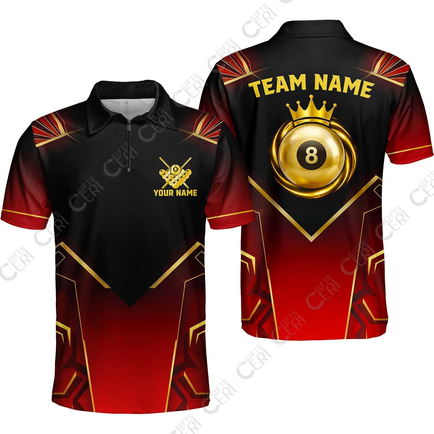 Customized 8 Ball Pool Quarter-Zip Polo Shirt, Tech-Futuristic 3 Scale 8-Ball, Personalized Billiards Jersey