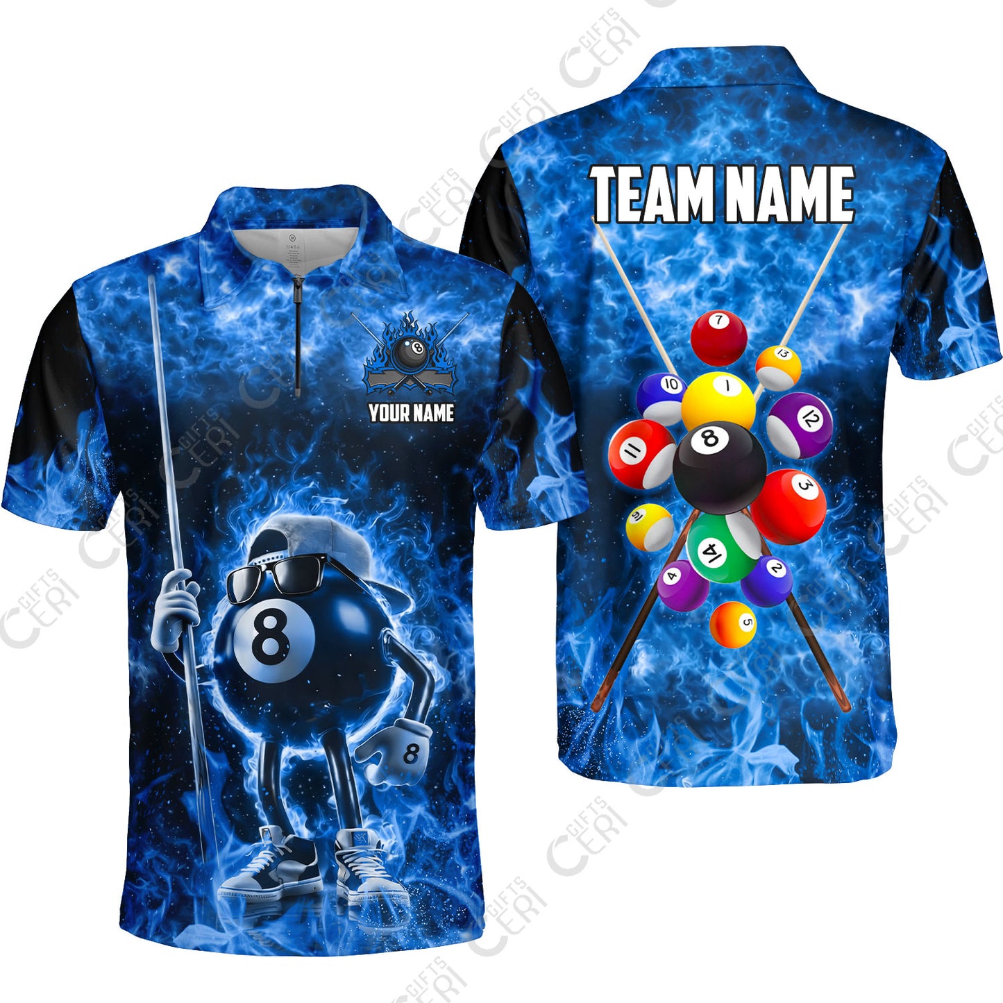 Customized 8 Ball Pool Quarter-Zip Polo Shirt, 8-Ball Wearing Cap And Sunglasses Flaming Burn, Billiard Jerseys