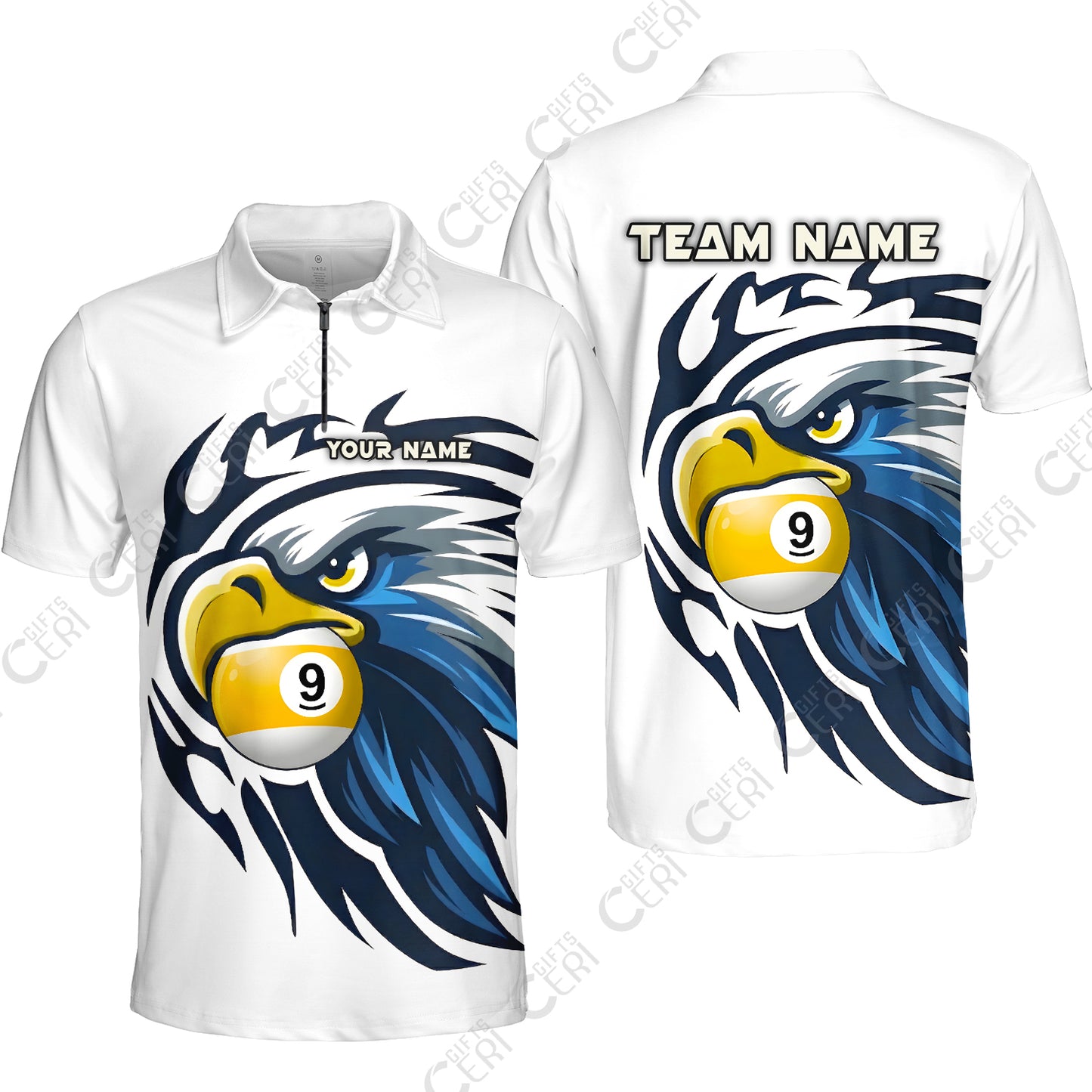 Customized 9 Ball Pool Quarter-Zip Polo Shirt, Eagle Eye 9-Ball, Personalized Billiards Jersey