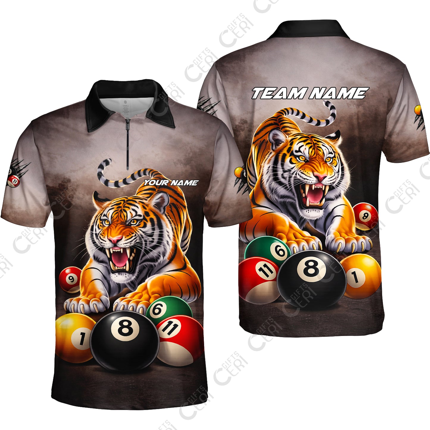 Customized 8 Ball Pool Quarter-Zip Polo Shirt, Billiards 8-Ball Colorful Tiger Break, Billiards Jerseys