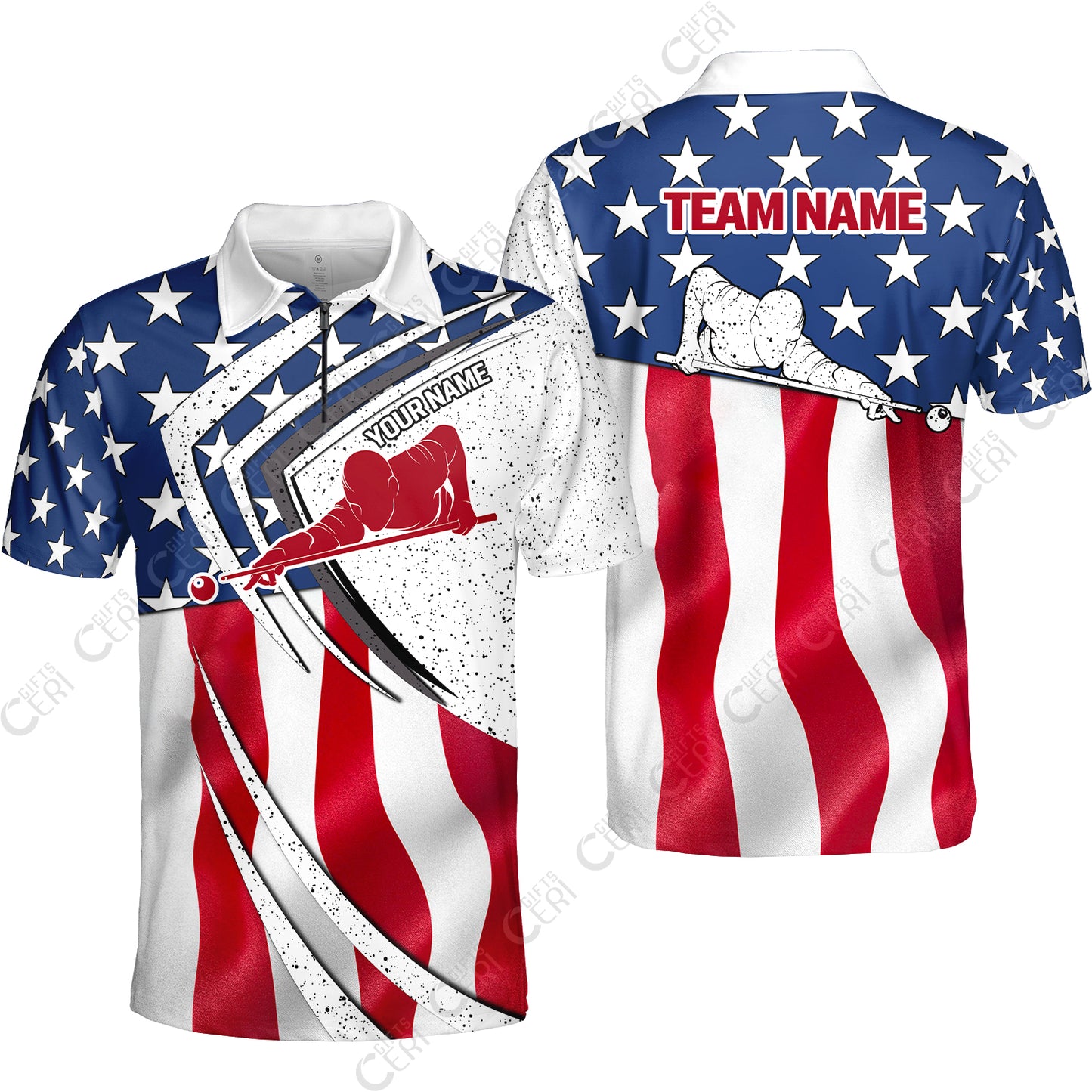 Customized Billiards Quarter-Zip Polo Shirt, Billiards Player Silhouette With American Flag, Billiards Jerseys