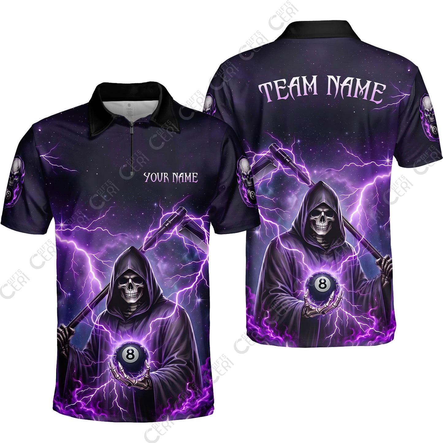 Customized 8 Ball Pool Quarter-Zip Polo Shirt, Lightning And Flame Grim Reaper With 8 Ball, Personalized Billiards Jersey