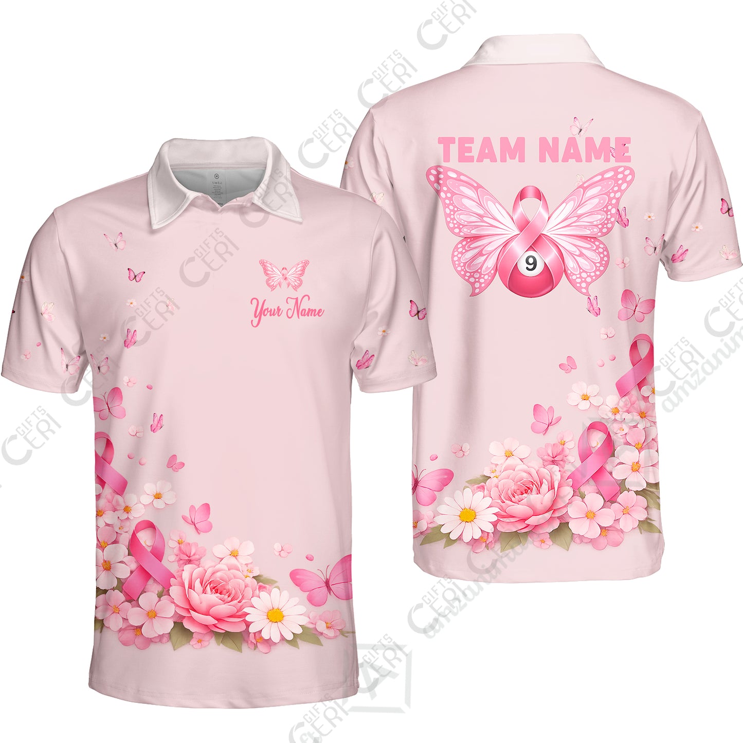 Customized 9 Ball Pool Quarter-Zip Polo Shirt, Floral Butterfly Billiards 9-Ball, Personalized Billiards Jersey