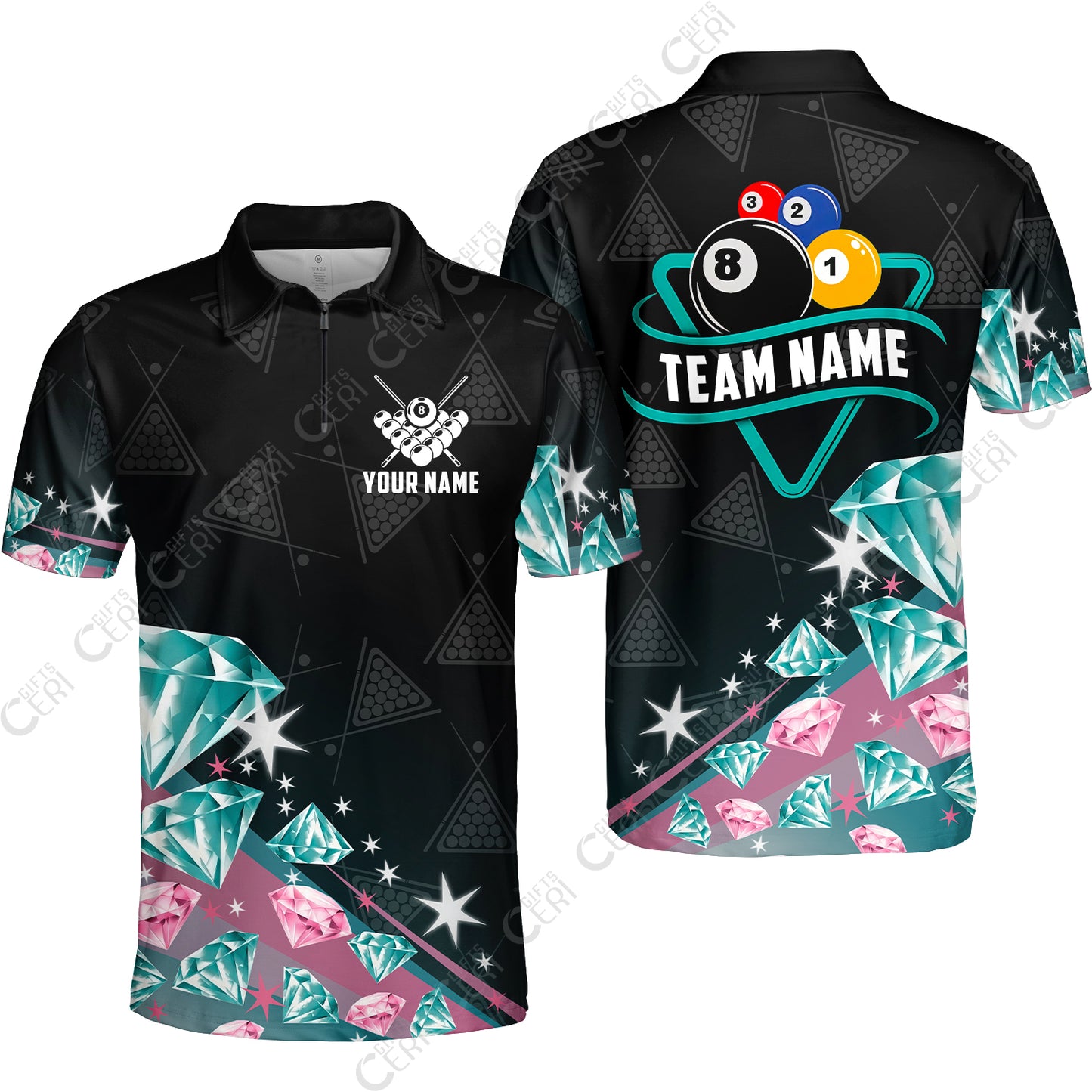 Customized 8 Ball Pool Quarter-Zip Polo Shirt, Diamonds Billiard 8-Ball, Personalized Billiards Jersey