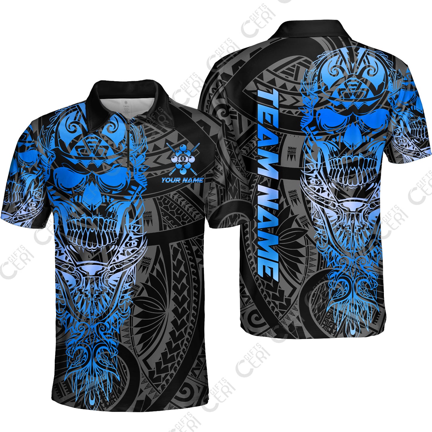 Customized 9 Ball Pool Quarter-Zip Polo Shirt, 9-Ball Billiard Ethnic Tribal Style Pattern, Billiards Jerseys