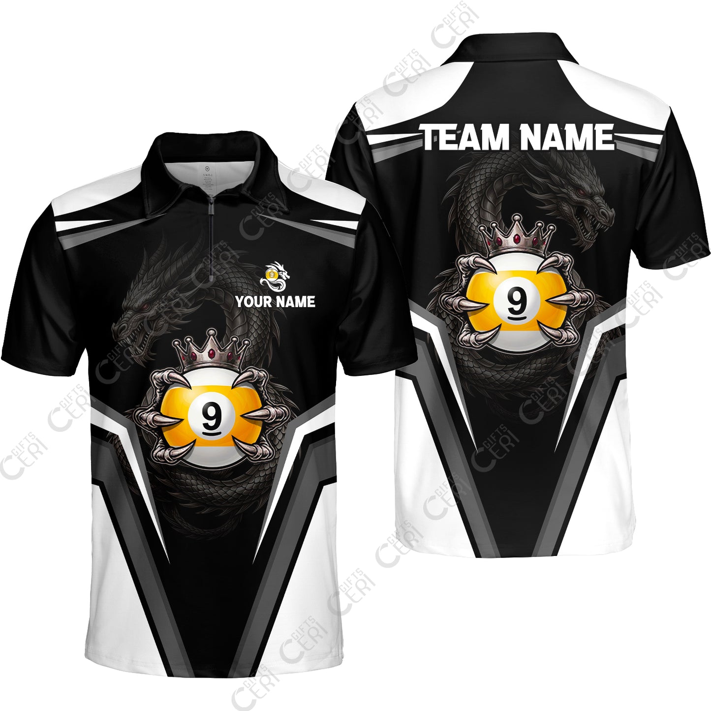 Customized 9 Ball Pool Quarter-Zip Polo Shirt, Dragon's Holding 9-Ball, Personalized Billiards Jersey