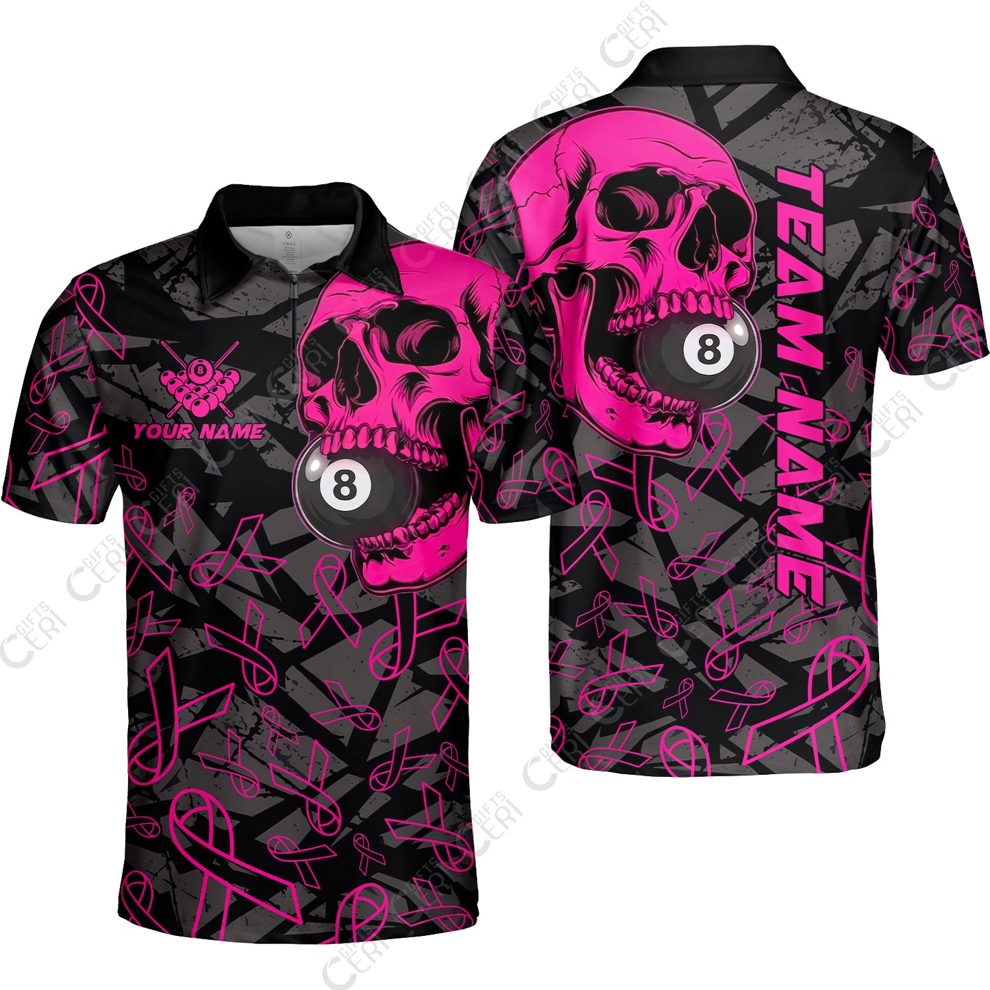 Customized 8 Ball Pool Quarter-Zip Polo Shirt, Billiard Pink Skull, Personalized Billiards Jersey