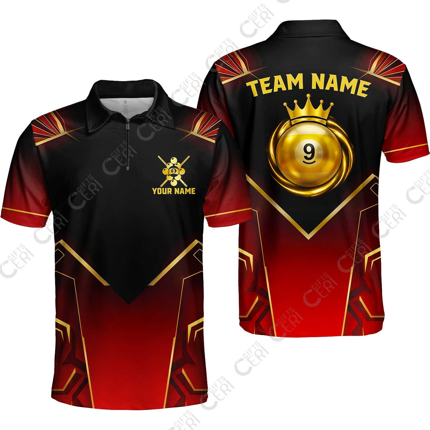Customized 9 Ball Pool Quarter-Zip Polo Shirt, Tech-Futuristic 3 Scale 9-Ball, Personalized Billiards Jersey