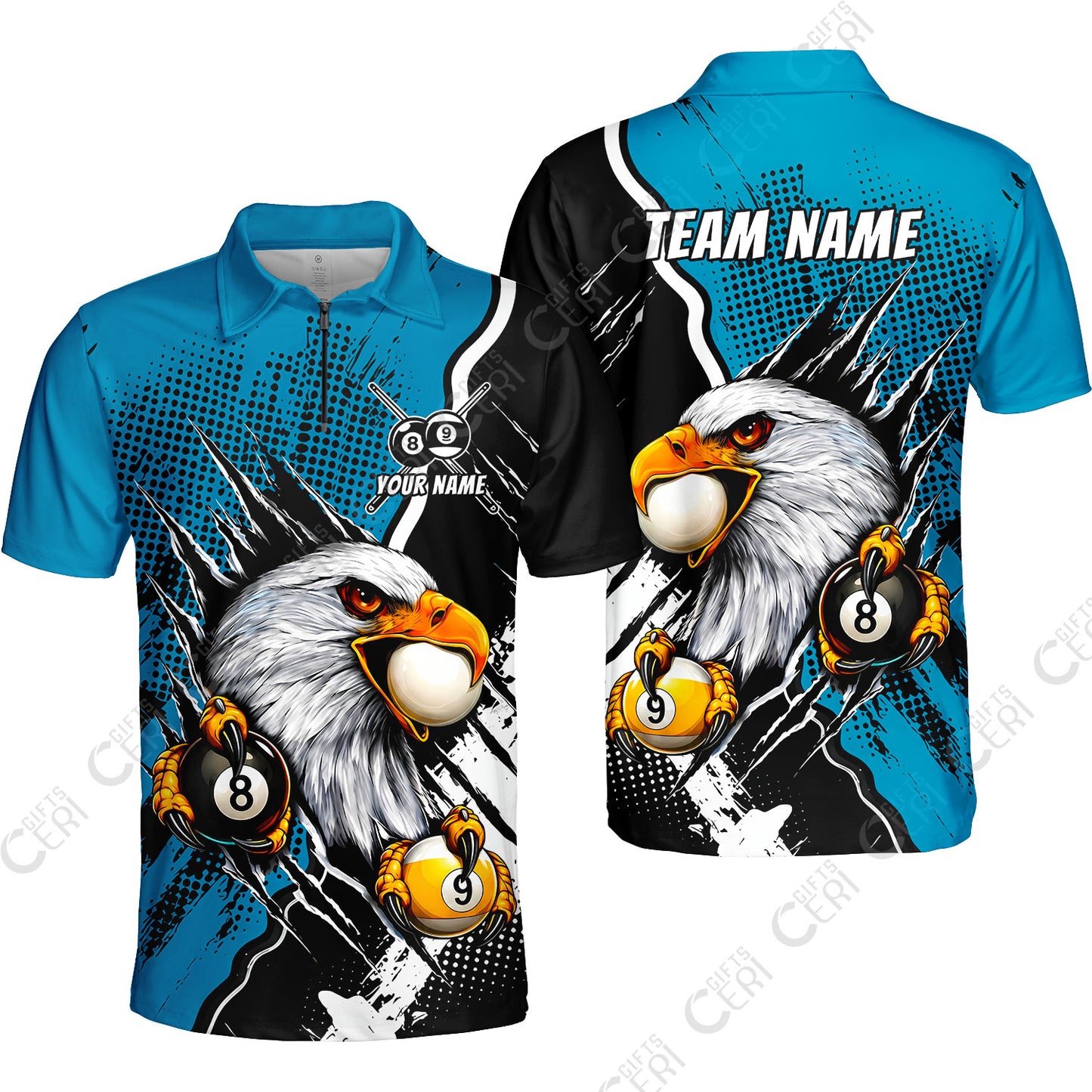 Customized Billiards Quarter-Zip Polo Shirt, 8 & 9 Ball Billiard Eagle Comic Dot Halftone Background Color, Billiards Jerseys