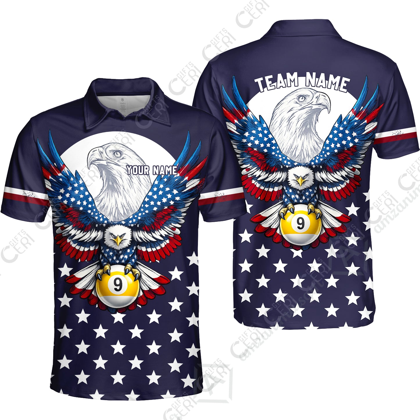 Customized 9 Ball Pool Quarter-Zip Polo Shirt, American Eagle Billiards 9-Ball, Personalized Billiards Jersey