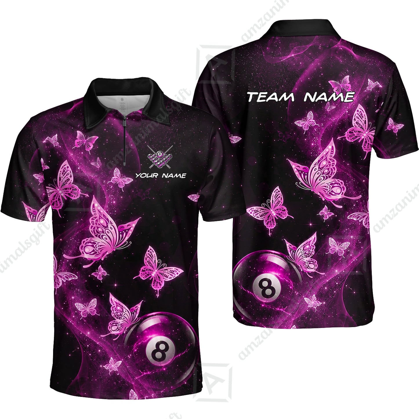 Customized 8 Ball Pool Quarter-Zip Polo Shirt, Galaxy And Butterflies, Personalized Billiards Jersey