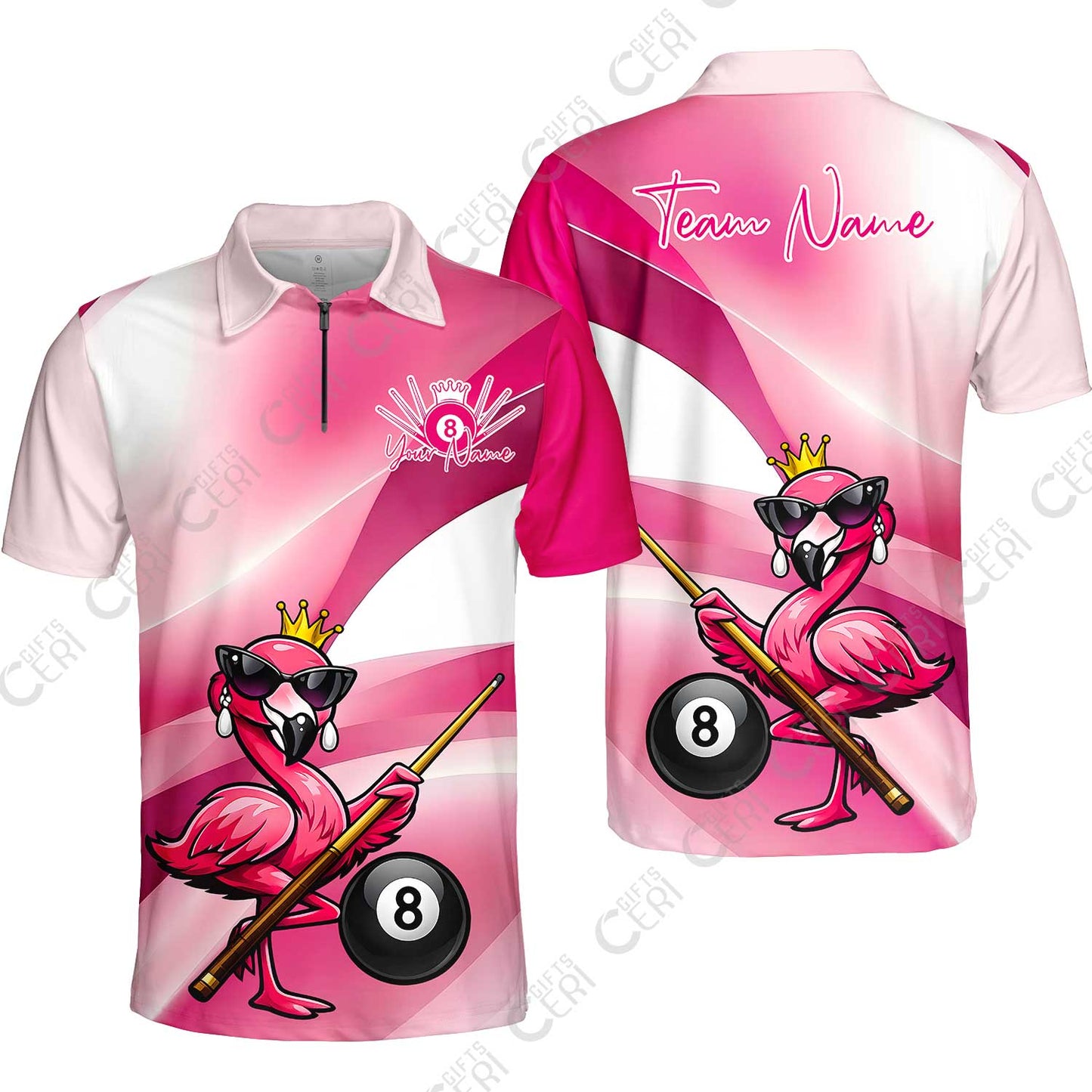Customized 8 Ball Pool Quarter-Zip Polo Shirt, Pink Flamingo Billiards 8-Ball, Personalized Billiards Jersey