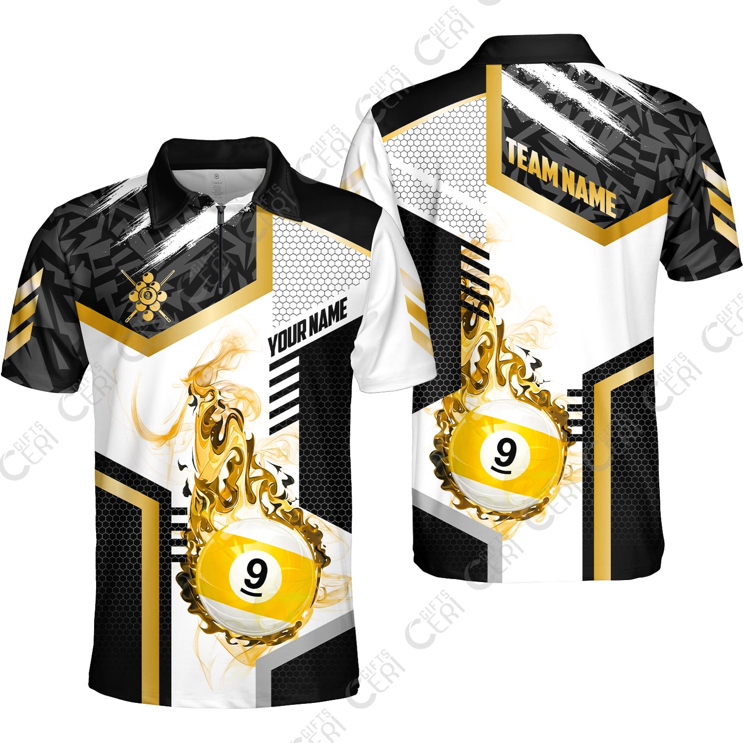 Customized 9 Ball Pool Quarter-Zip Polo Shirt, Flaming 9-Ball Graphic, Billiards Jersey