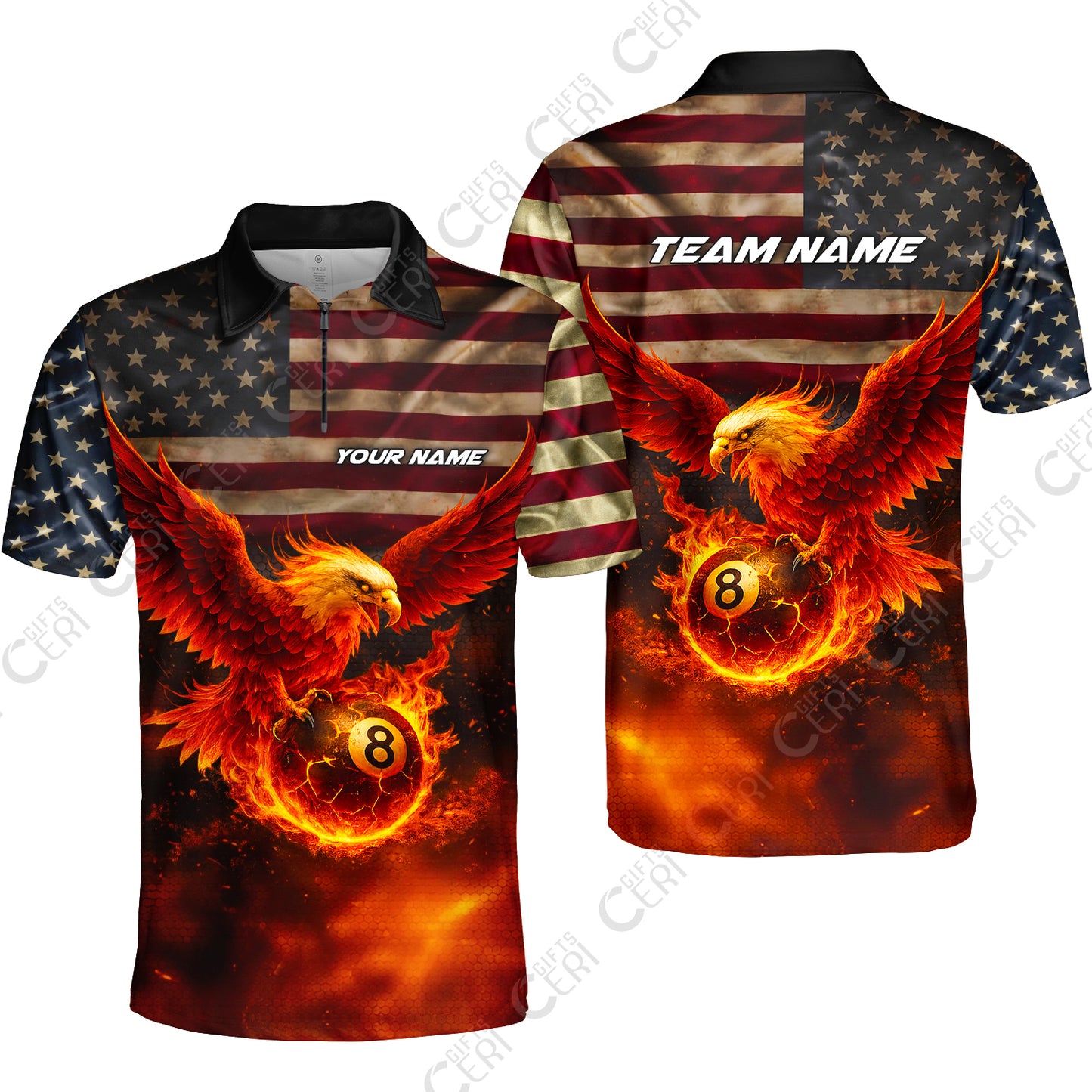 Customized 8 Ball Pool Quarter-Zip Polo Shirt, Billiards 8-Ball American Flag Fire Eagle, Billiards Jerseys