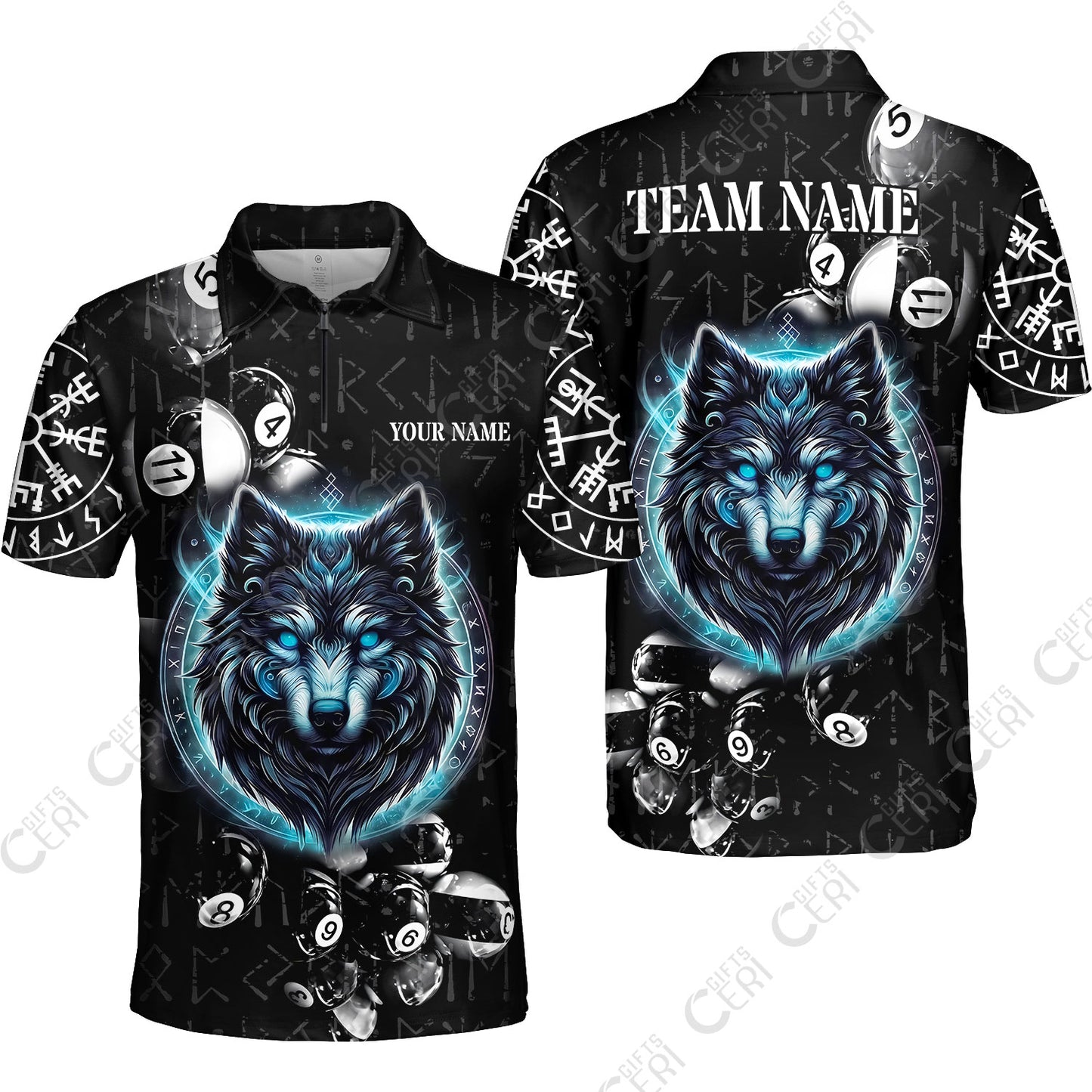 Customized Billiards Quarter-Zip Polo Shirt, Wolf Runic Viking Black Grunge Alphabet, Billiards Jerseys