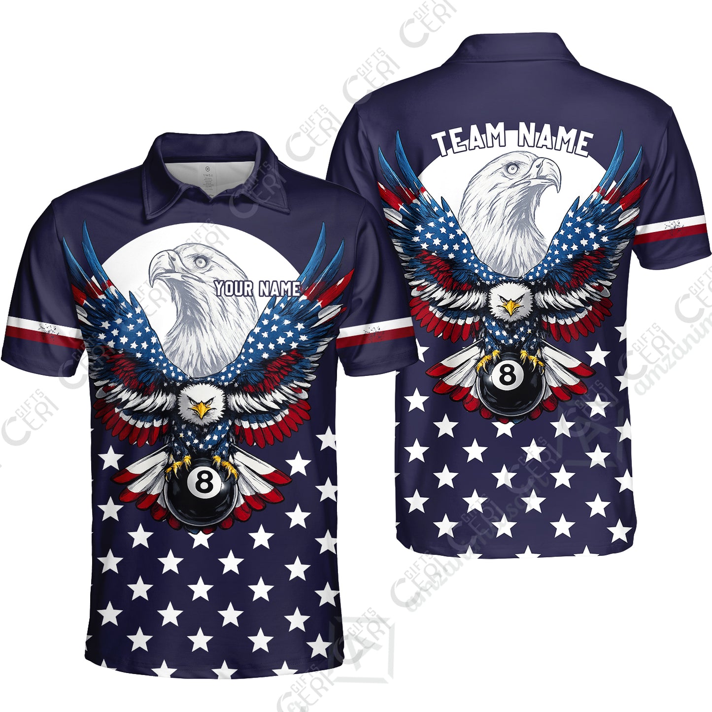 Customized 8 Ball Pool Quarter-Zip Polo Shirt, American Eagle Billiards 8-Ball, Personalized Billiards Jersey