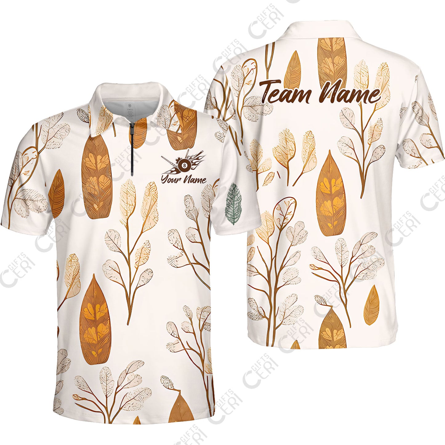 Customized 8 Ball Pool Quarter-Zip Polo Shirt, Leaves Pattern Billiard 8-Ball, Personalized Billiards Jersey