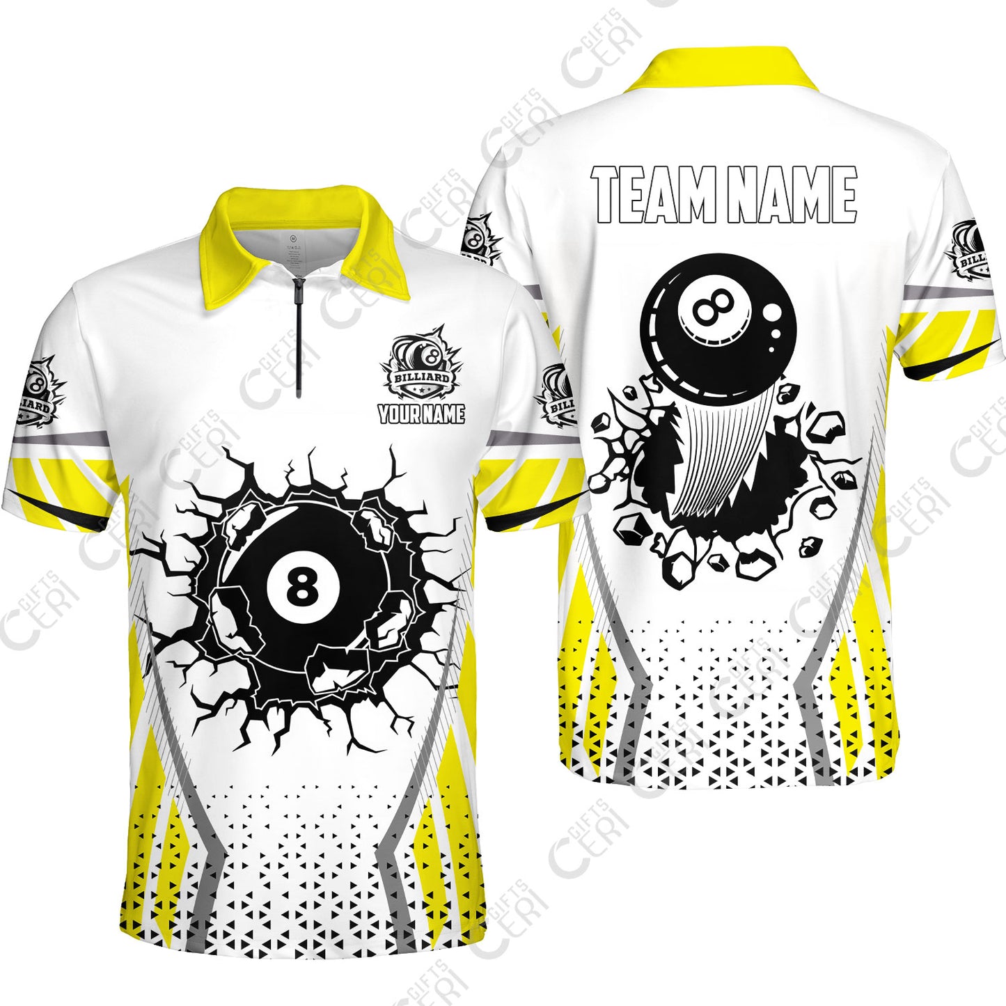 Customized 8 Ball Pool Quarter-Zip Polo Shirt, Billiard Triangle Pattern, 8-Ball Breaks The Wall, Billiard Jerseys