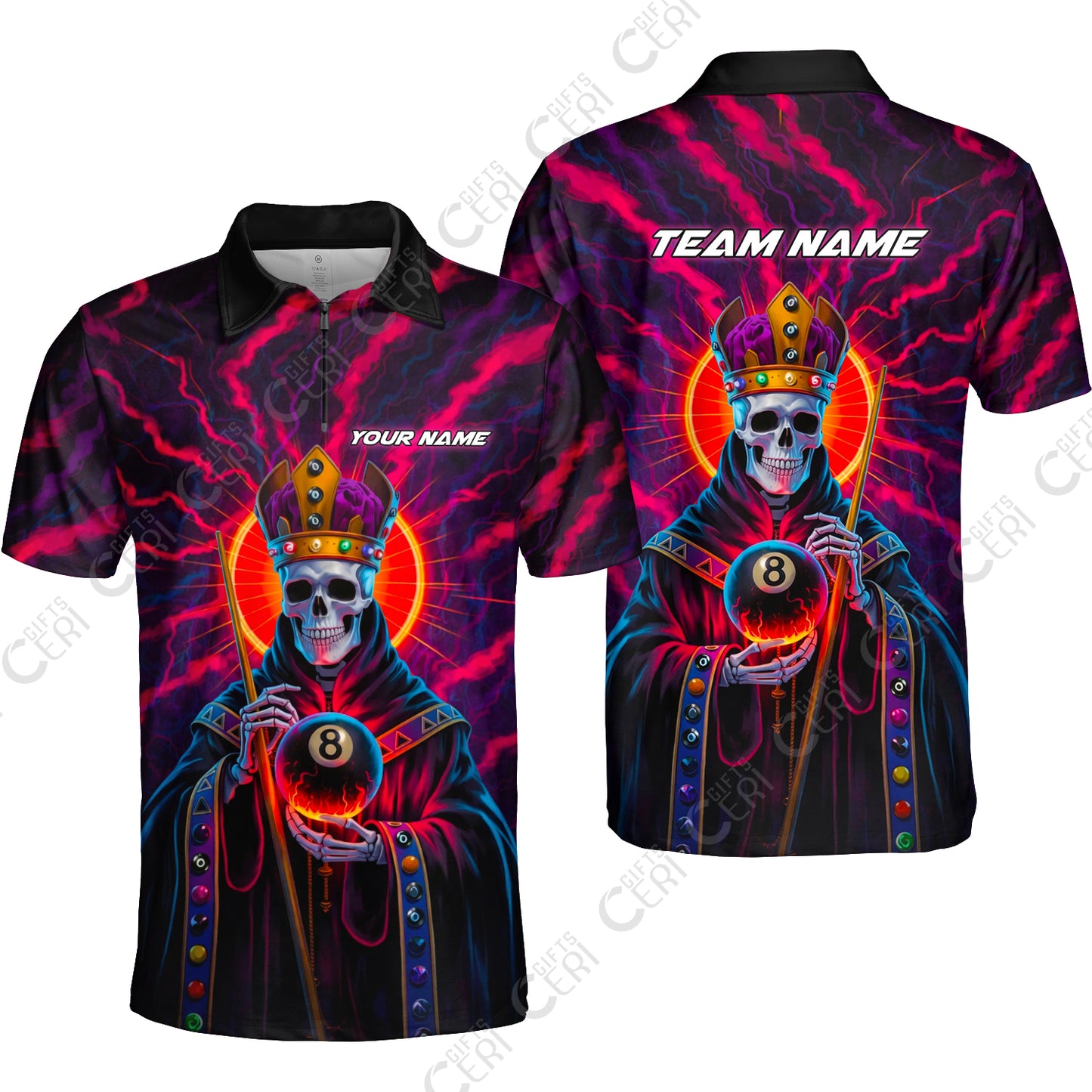 Customized 8 Ball Pool Quarter-Zip Polo Shirt, Billiard 8-Ball Necromancer, Billiards Jerseys