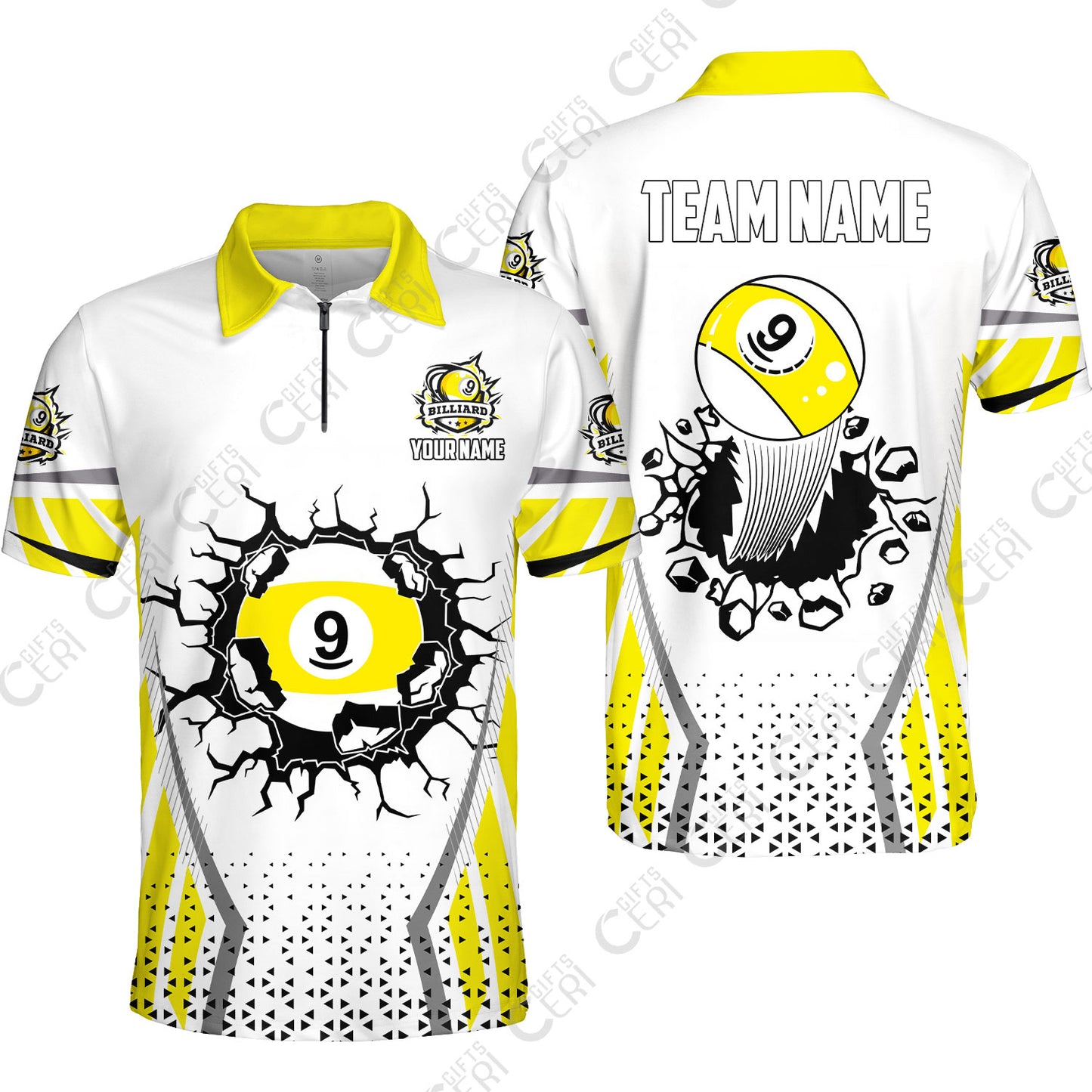 Customized 9 Ball Pool Quarter-Zip Polo Shirt, Billiard Triangle Pattern, 9-Ball Breaks The Wall, Billiard Jerseys