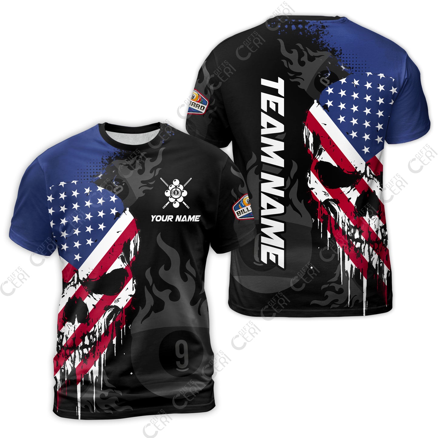Customized 9 Ball Pool T-Shirt, Billiards 9-Ball Flame And The Skull With American Flag, Billiards Jerseys